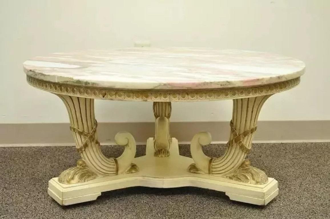 French Empire Neoclassical Cornucopia Base Round Pink Marble Top Coffee Table en vente 4
