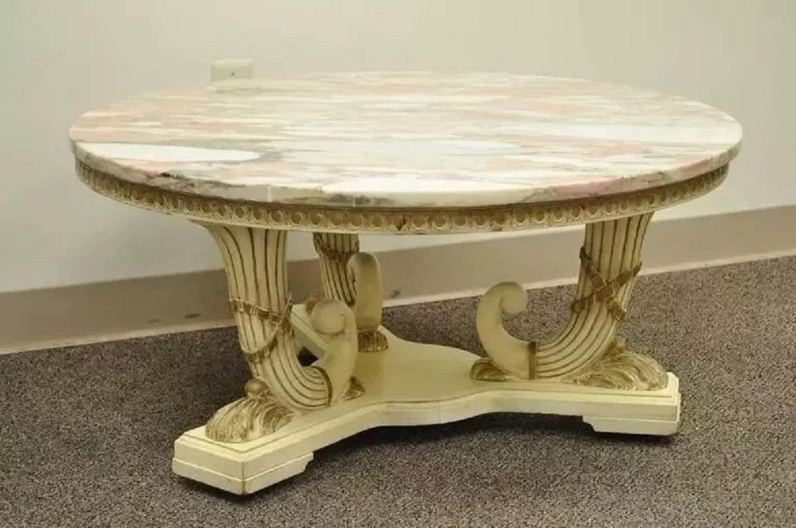 Marbre French Empire Neoclassical Cornucopia Base Round Pink Marble Top Coffee Table en vente