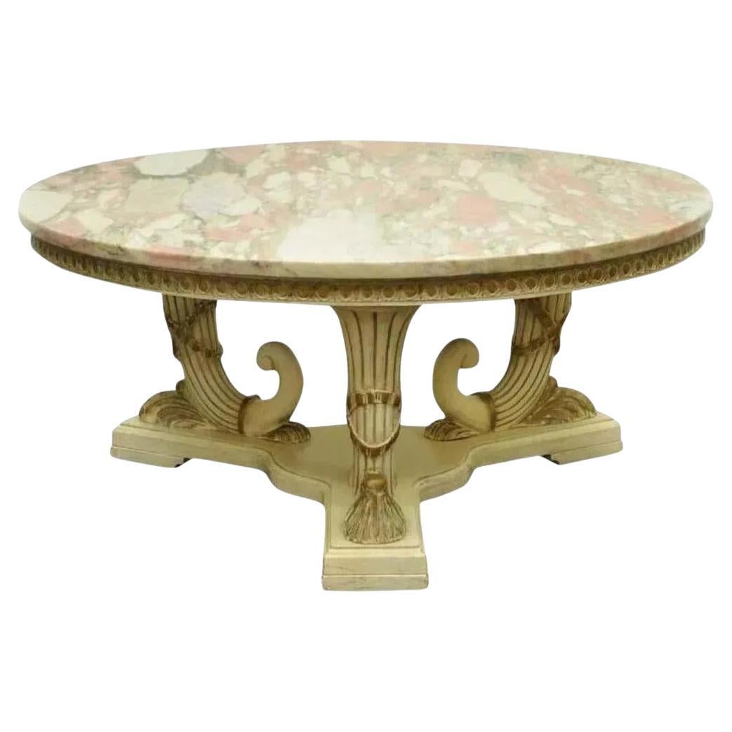 French Empire Neoclassical Cornucopia Base Round Pink Marble Top Coffee Table