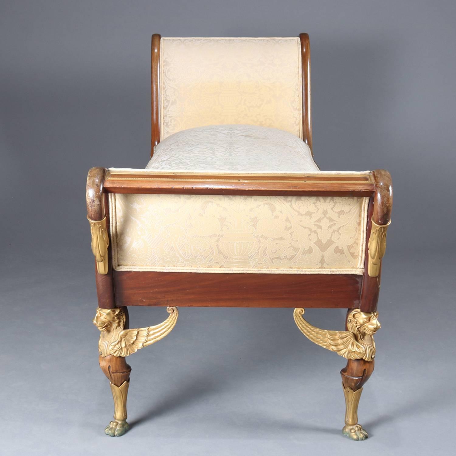 Louis XV French Empire Neoclassical Mahogany and Figural Ormolu Recamier, 19th Century
