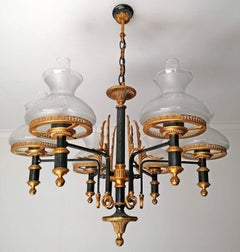 French Empire Neoclassical Patinated & Gilt Bronze Oil Lamp Chandelier-Pair AVBL