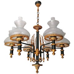 French Empire Neoclassical Patinated & Gilt Bronze Oil Lamp Chandelier-Pair AVBL
