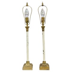 French Empire Neoclassical Small Thin Brass Candlestick Column Table Lamp a Pair