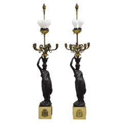 Vintage French Empire Neoclassical Style Figural Maiden Candelabra Table Lamps - a Pair
