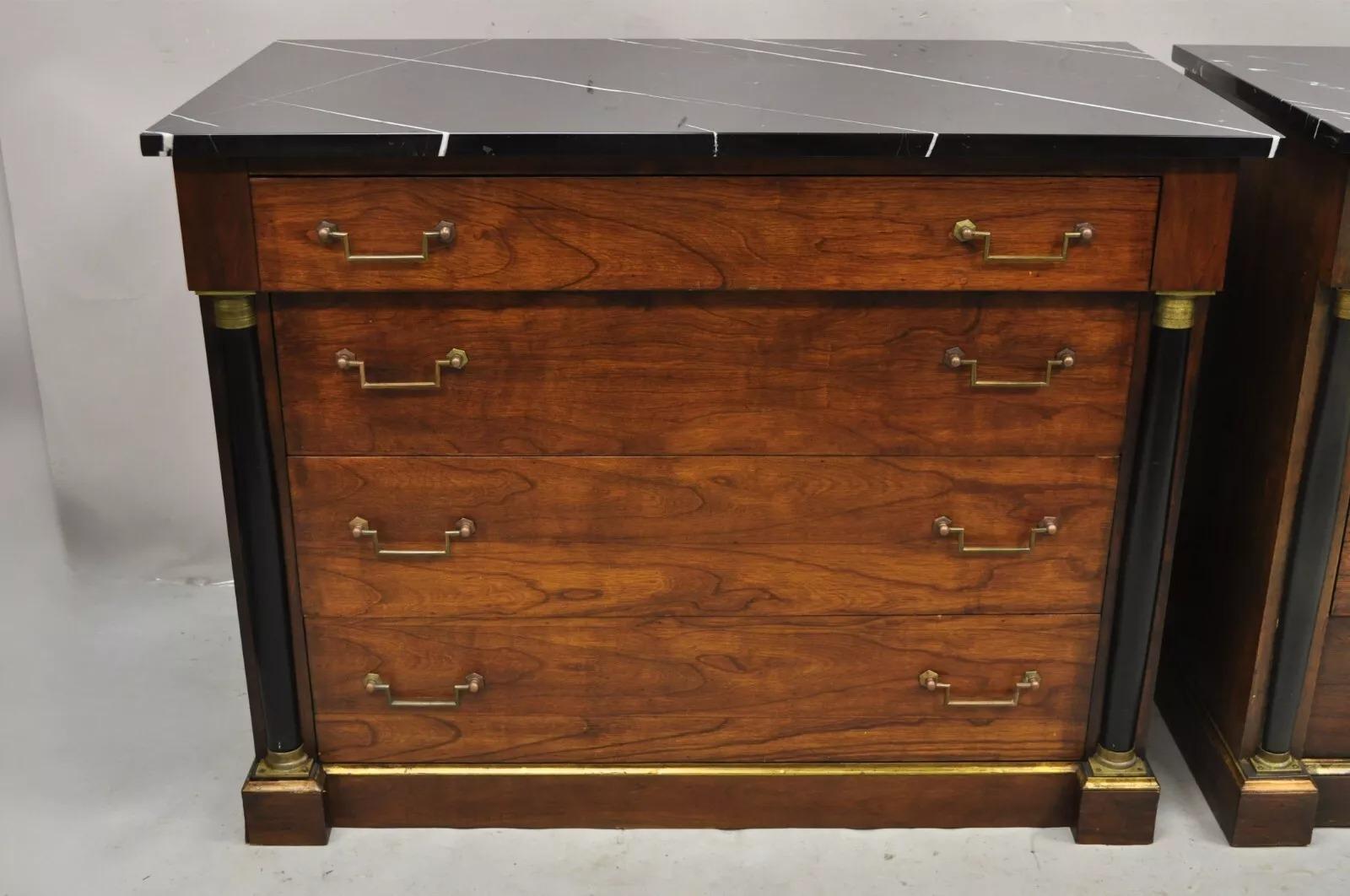 French Empire Neoclassical Style Marble Top Cherry Wood Commode Chest - a Pair In Good Condition In Philadelphia, PA