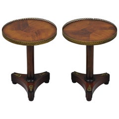French Empire Neoclassical Style Small Round Taboret Pedestal Side Tables, Pair