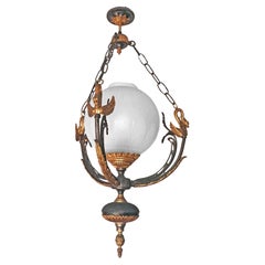 French Empire Neoclassical Swan Chandelier in Patinated & Gilded Solid Bronze