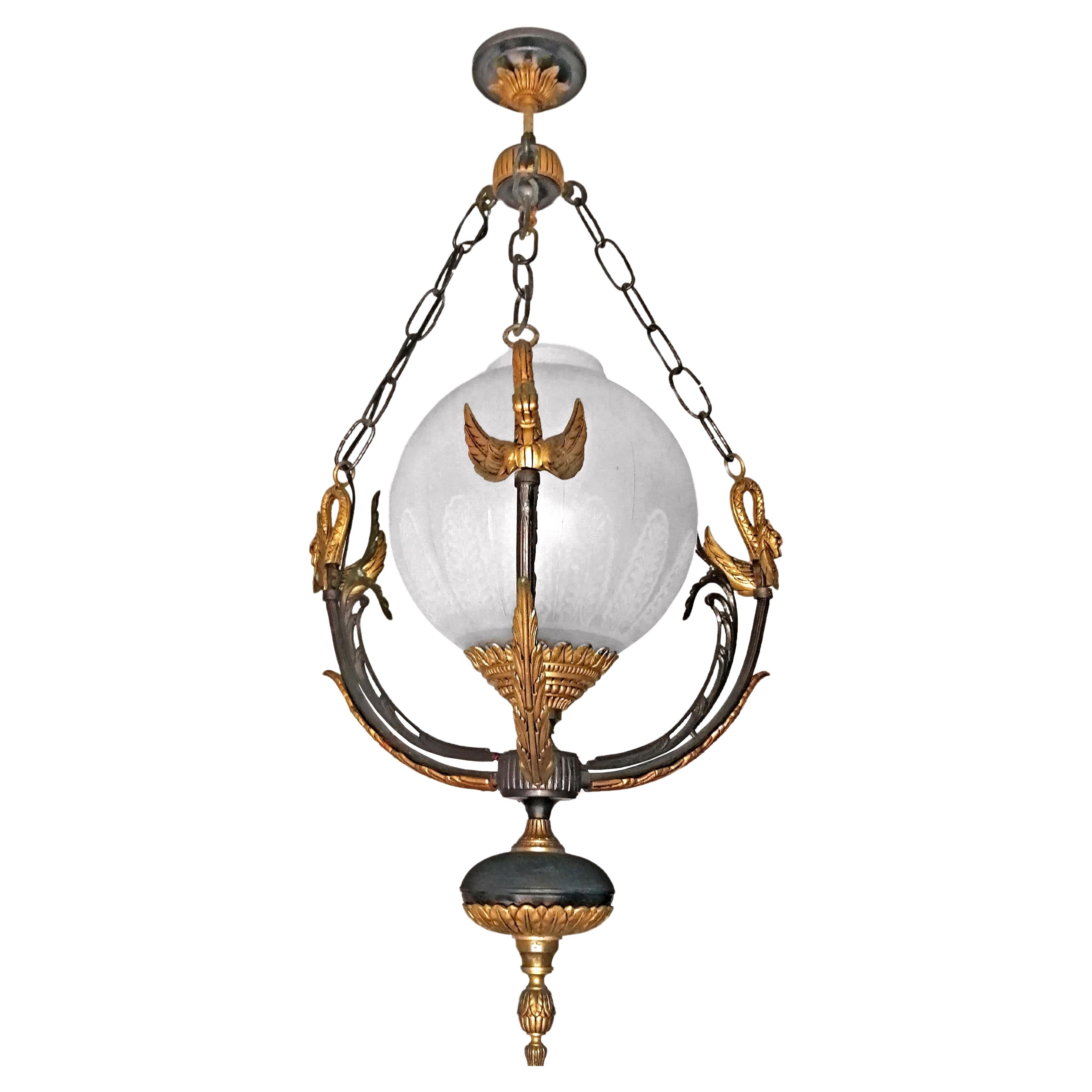 Art Deco French Empire Neoclassical Swan Chandelier in Patinated & Gilded Solid Bronze For Sale