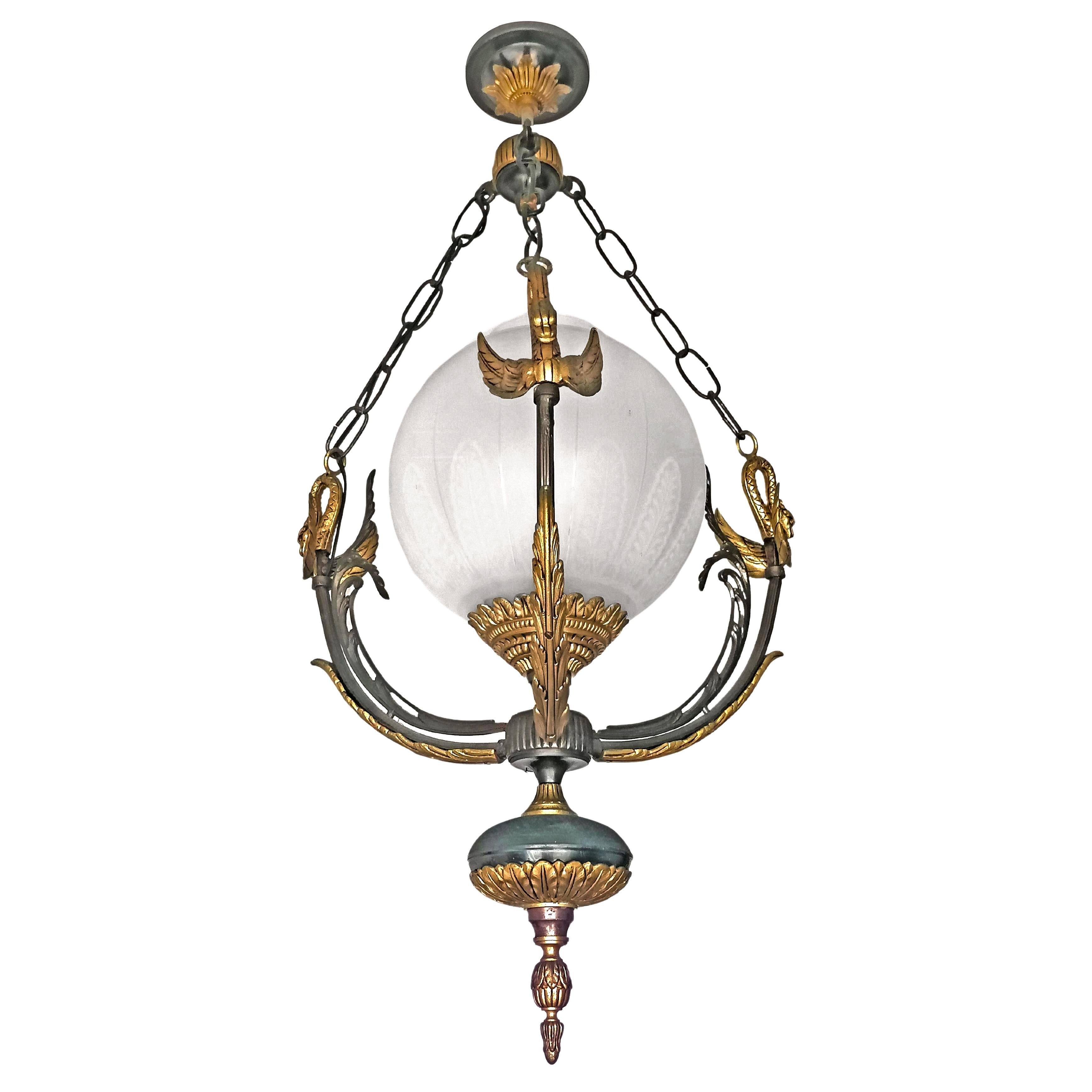 Cast French Empire Neoclassical Swan Chandelier in Patinated & Gilded Solid Bronze For Sale