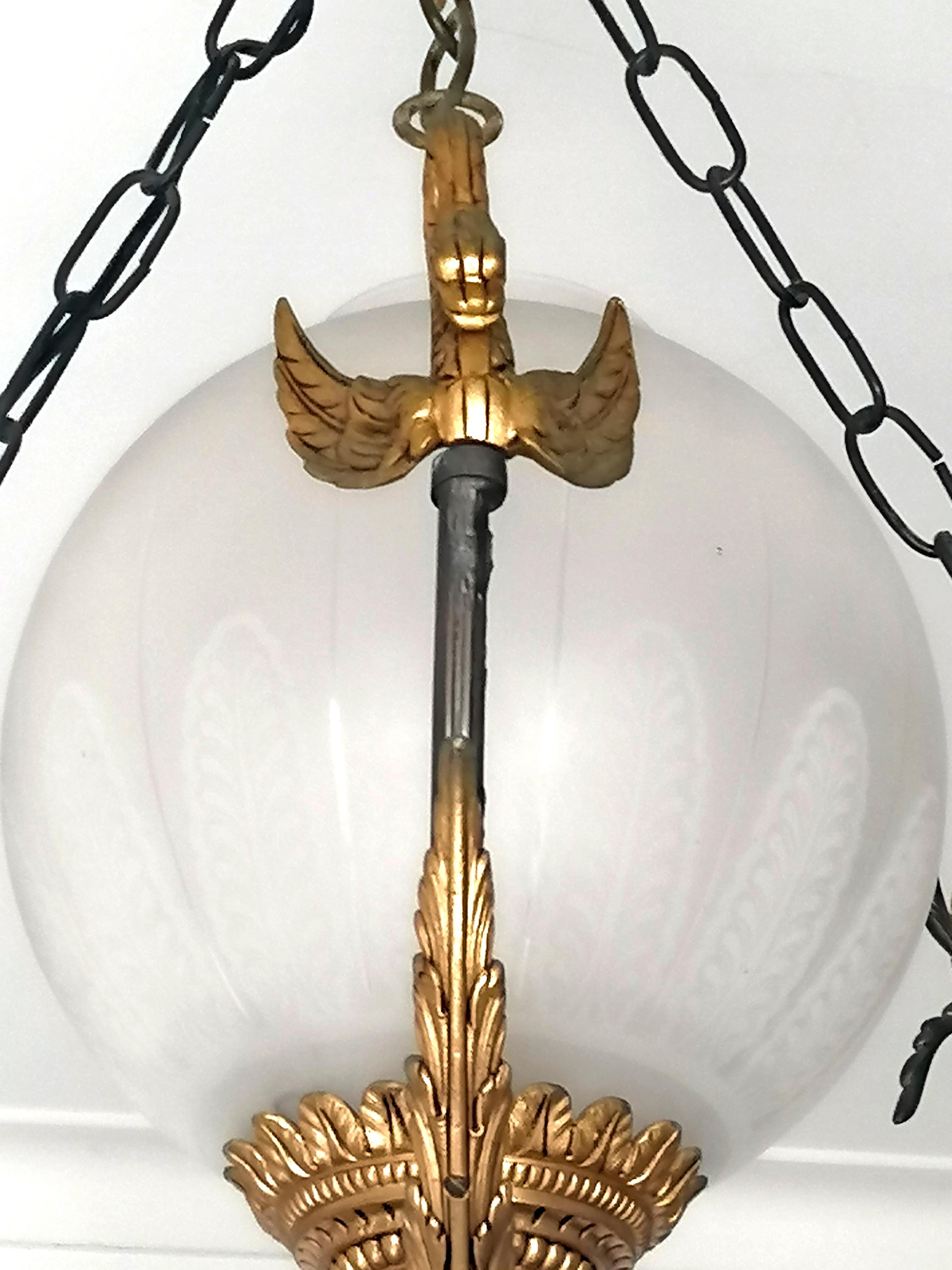 20th Century French Empire Neoclassical Swan Chandelier in Patinated & Gilded Solid Bronze For Sale