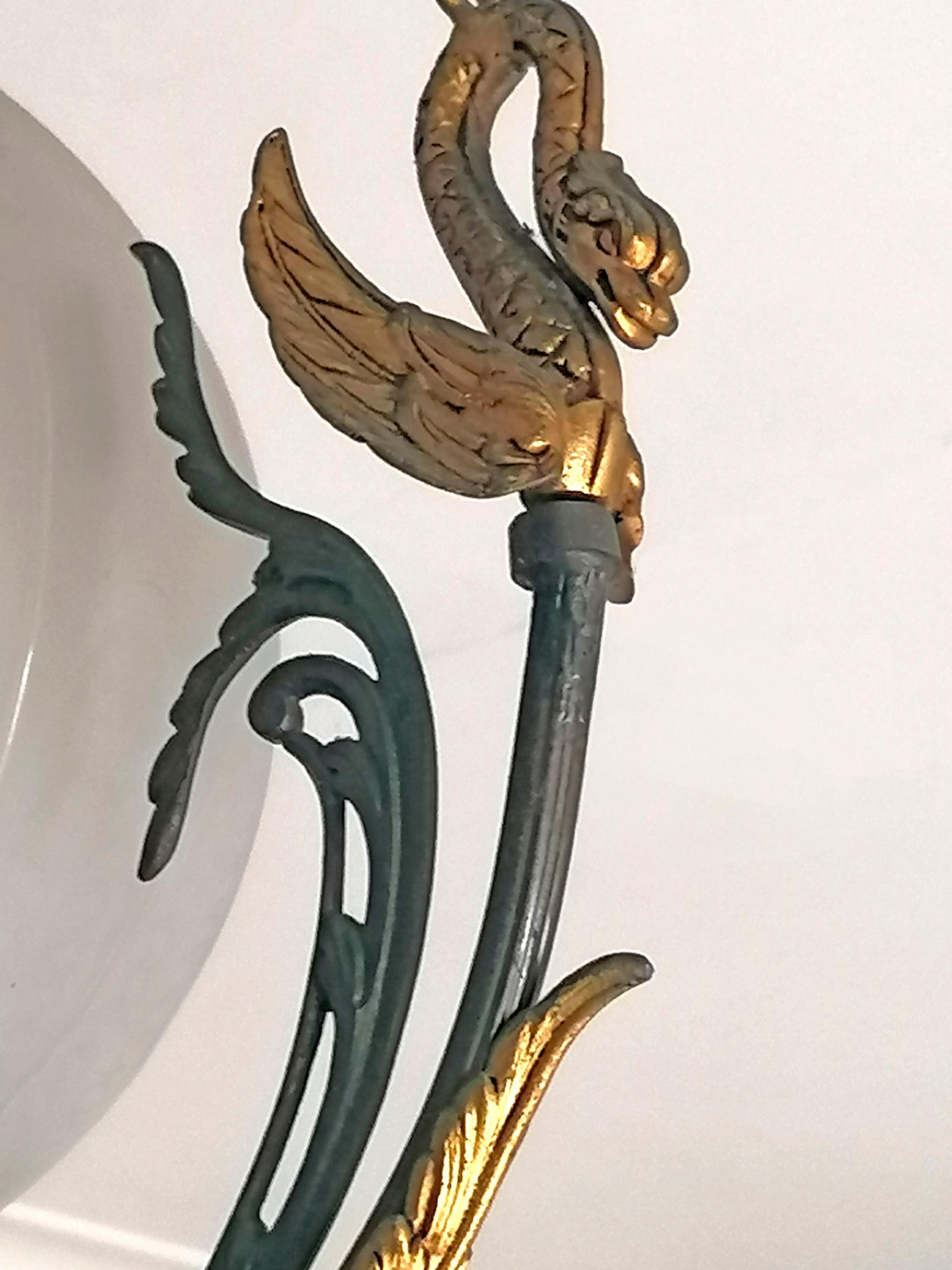 French Empire Neoclassical Swan Chandelier in Patinated & Gilded Solid Bronze For Sale 1