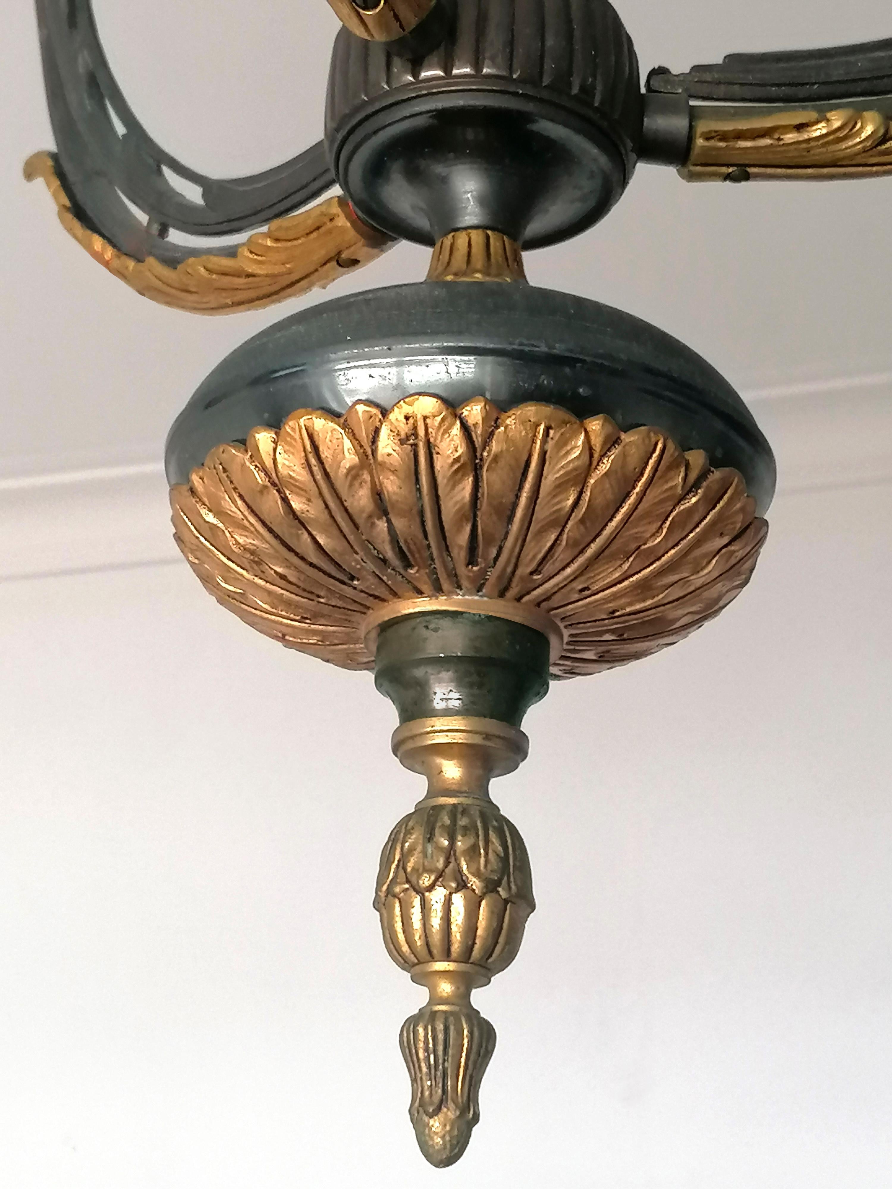 French Empire Neoclassical Swan Chandelier in Patinated & Gilded Solid Bronze For Sale 2