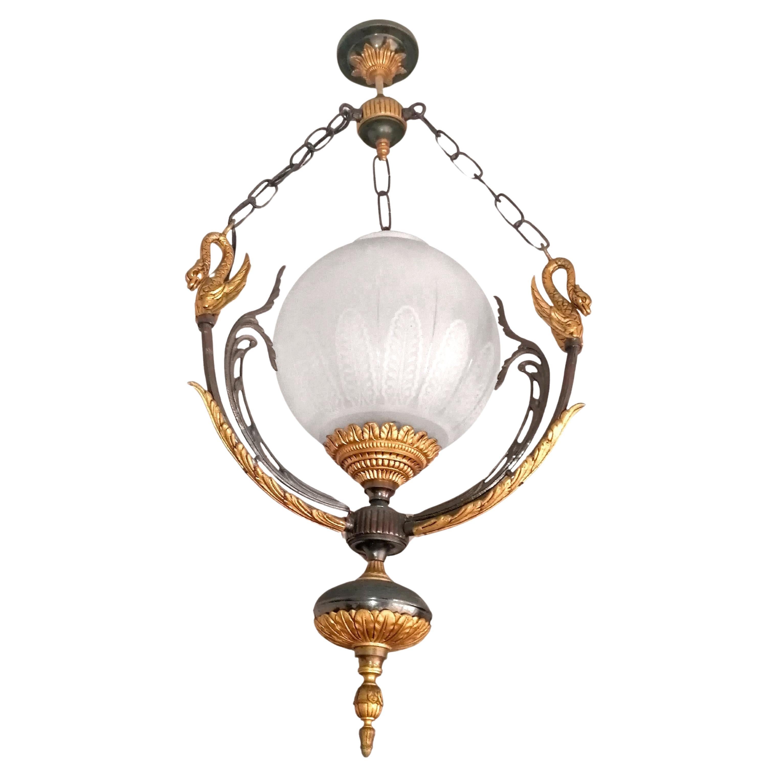 French Empire Neoclassical Swan Chandelier in Patinated & Gilded Solid Bronze For Sale