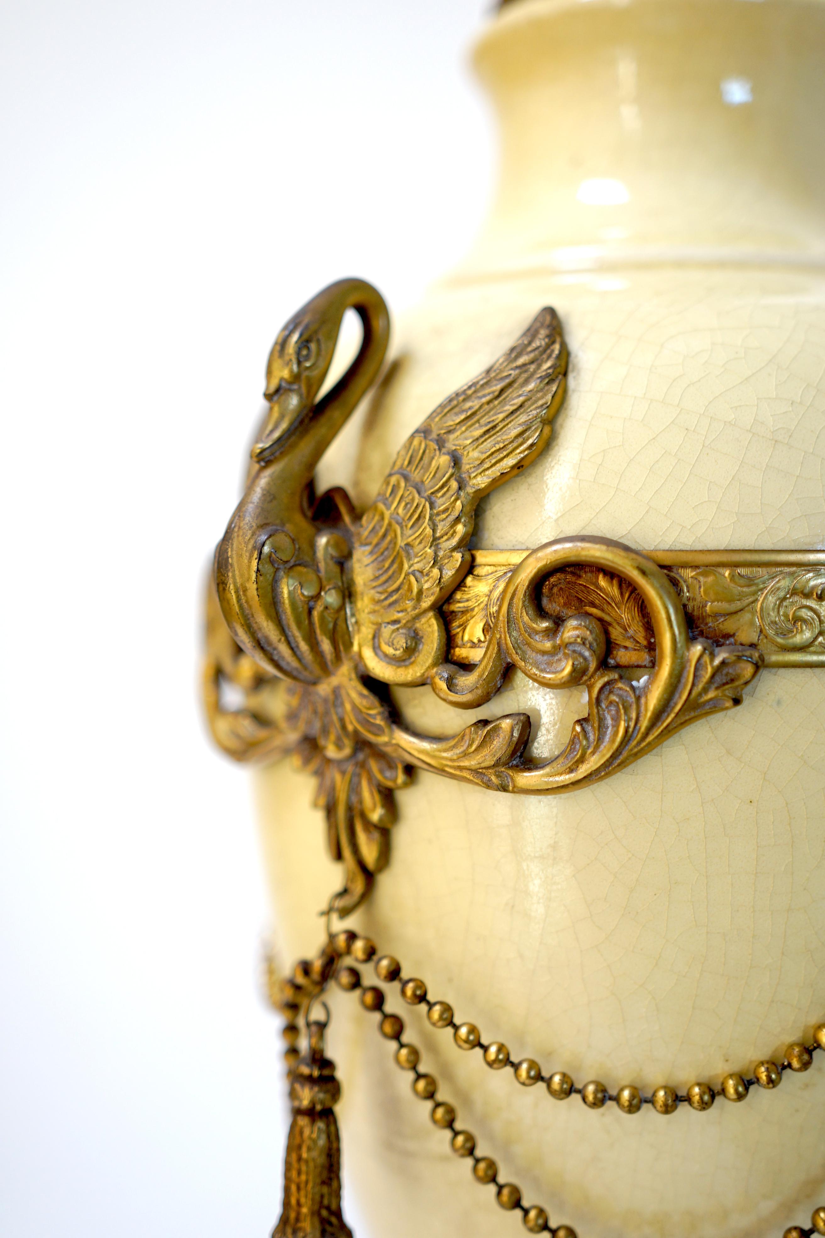 American French Empire or Neoclassical Style Gilt Metal Mounted Porcelain Table Lamp For Sale