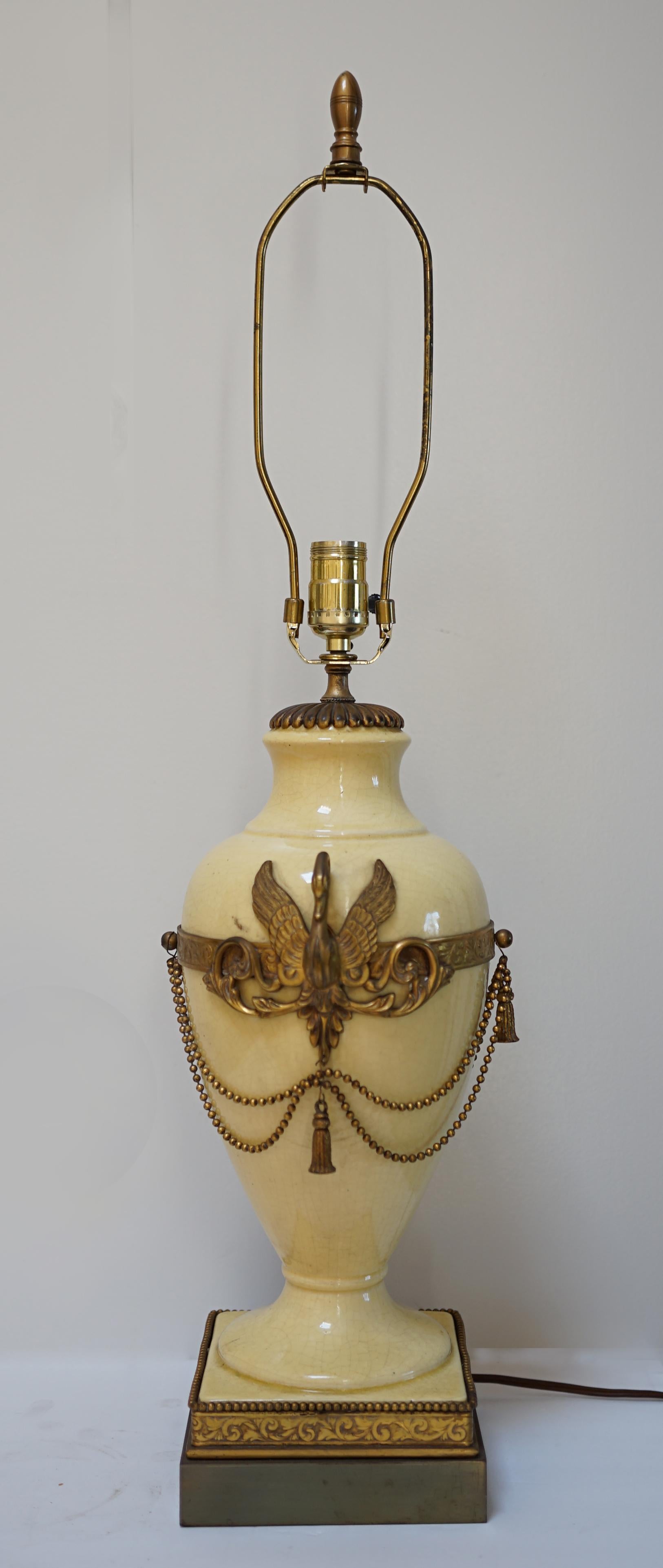 French Empire or Neoclassical Style Gilt Metal Mounted Porcelain Table Lamp In Good Condition For Sale In Lomita, CA