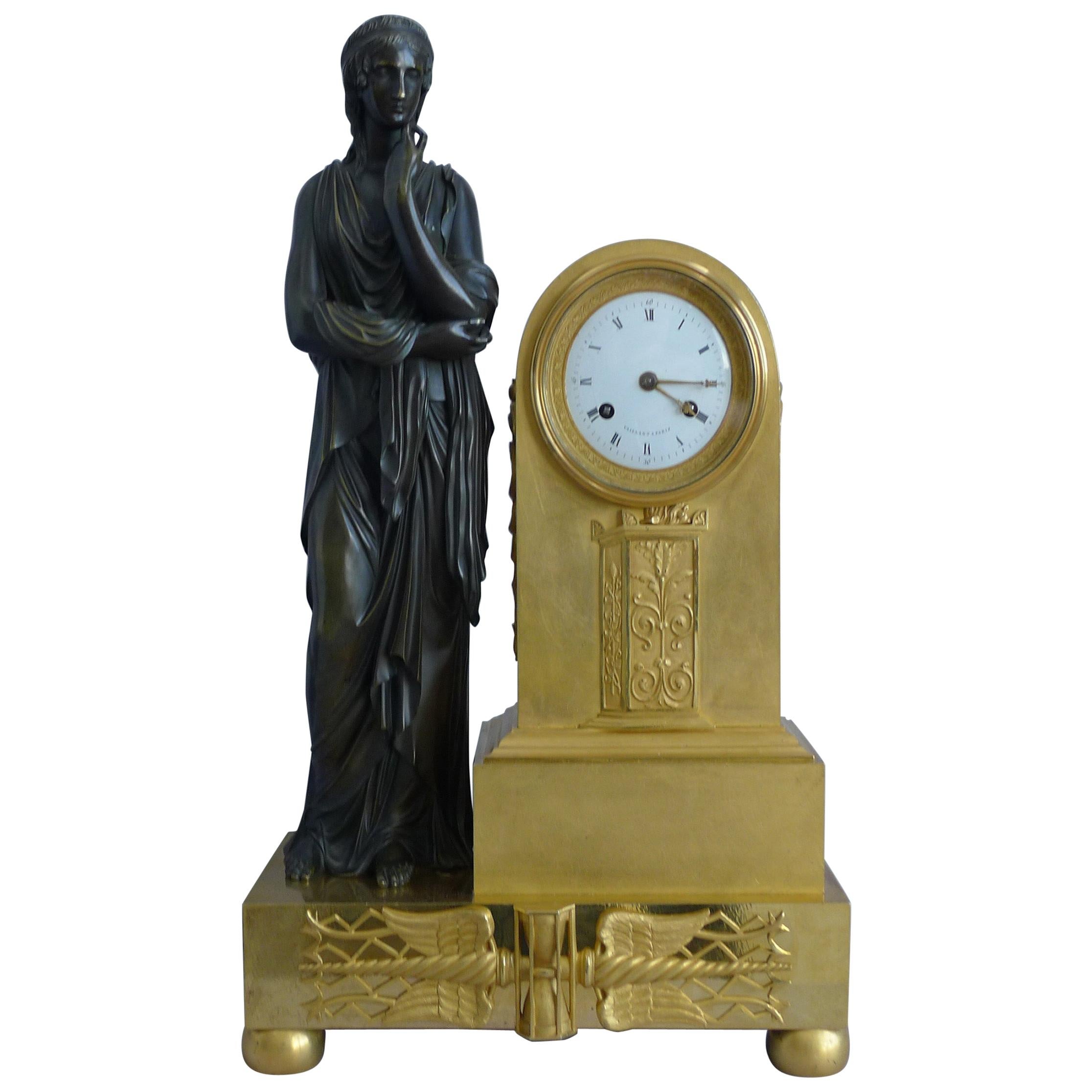 French Empire Ormolu and Patinated Bronze Mantel Clock Signed Vaillaint a Paris