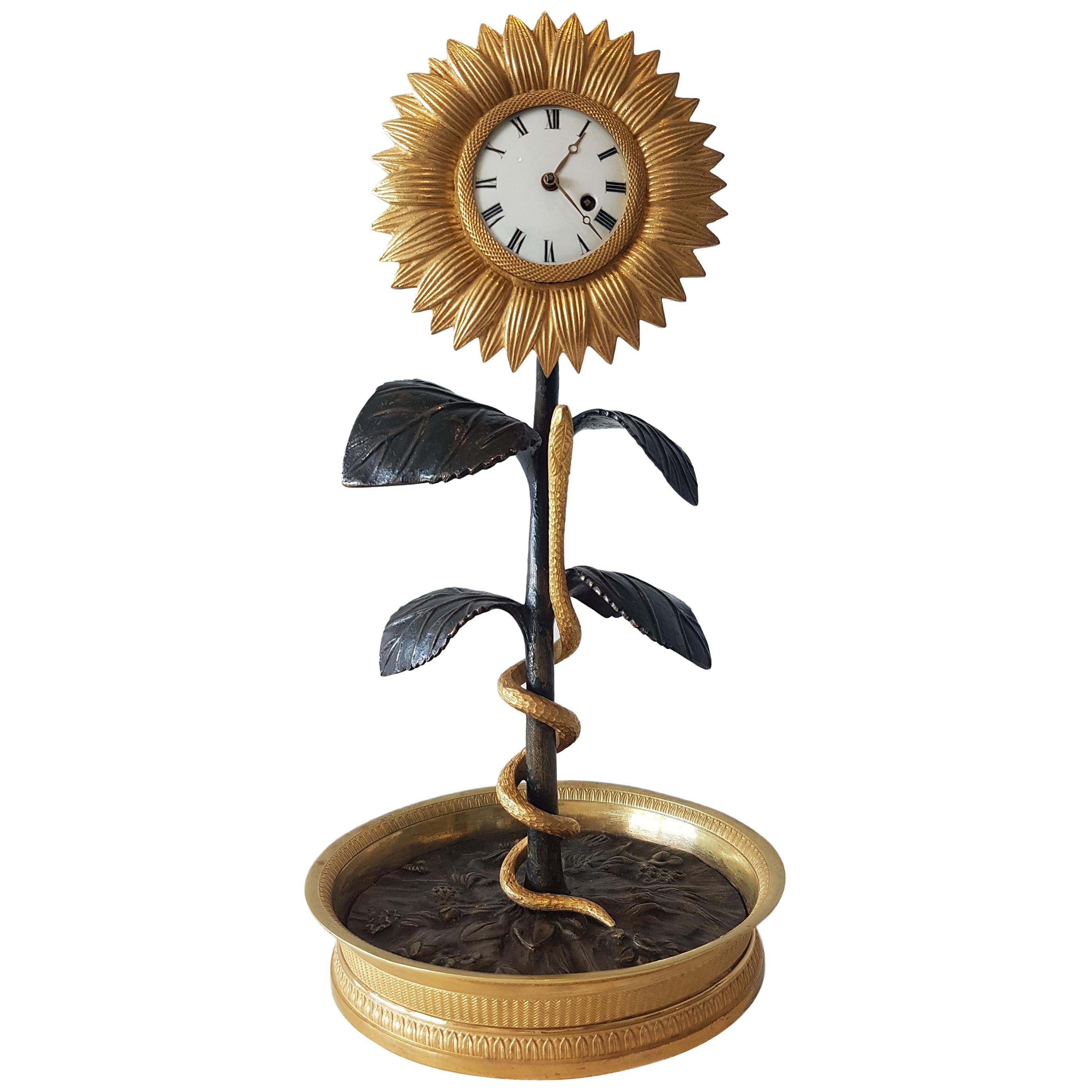 French Empire Ormolu and Patinated Bronze Sunflower Clock