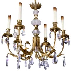 French Empire Ormolu Bronze and Rock Crystal Chandelier, 6-Arms, 19th Century