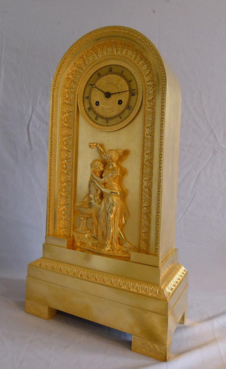 Early 19th Century French Empire Ormolu Clock of Borne Shape and of Hero and Leander For Sale