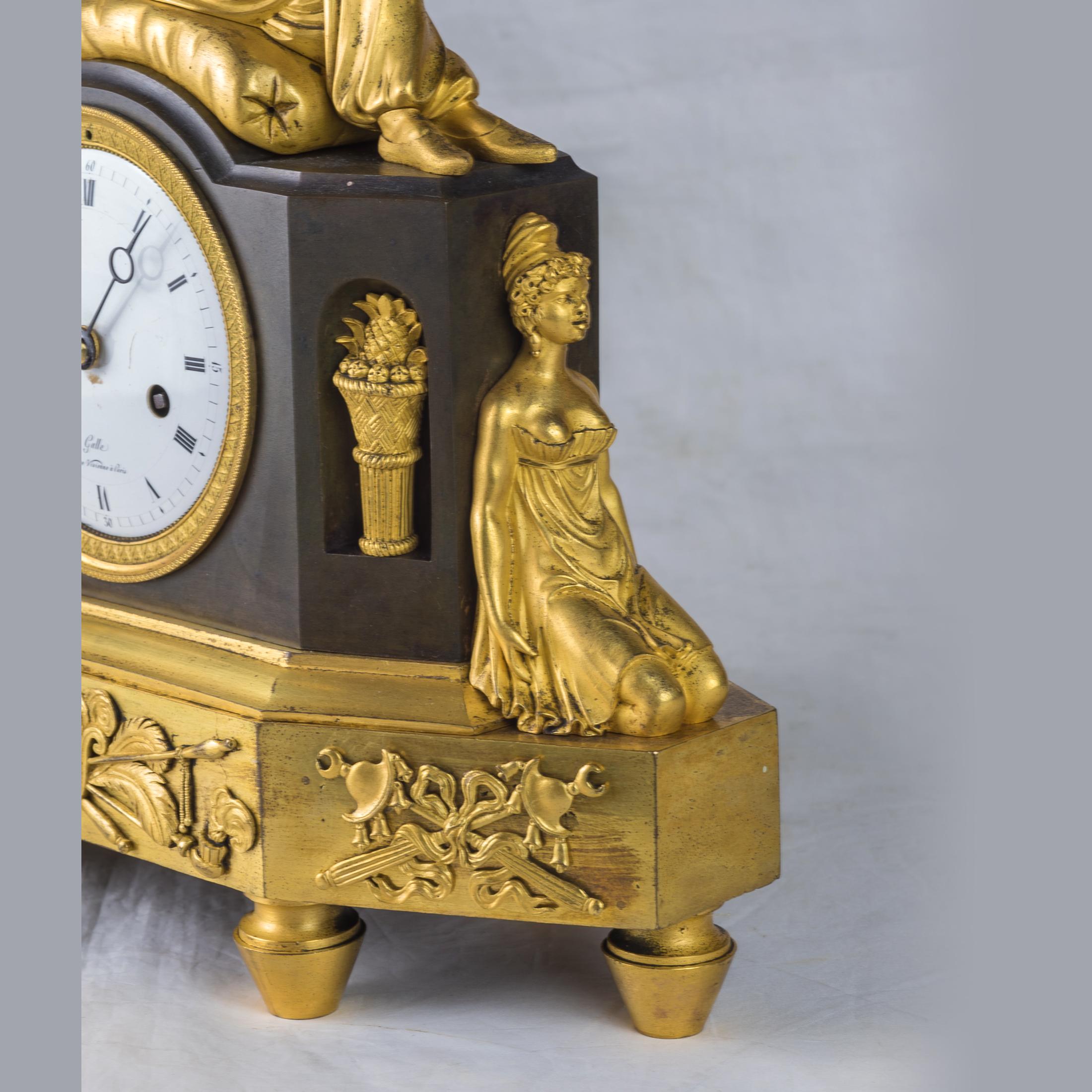 Gilt French Empire Ormolu Figural Mantel Clock For Sale