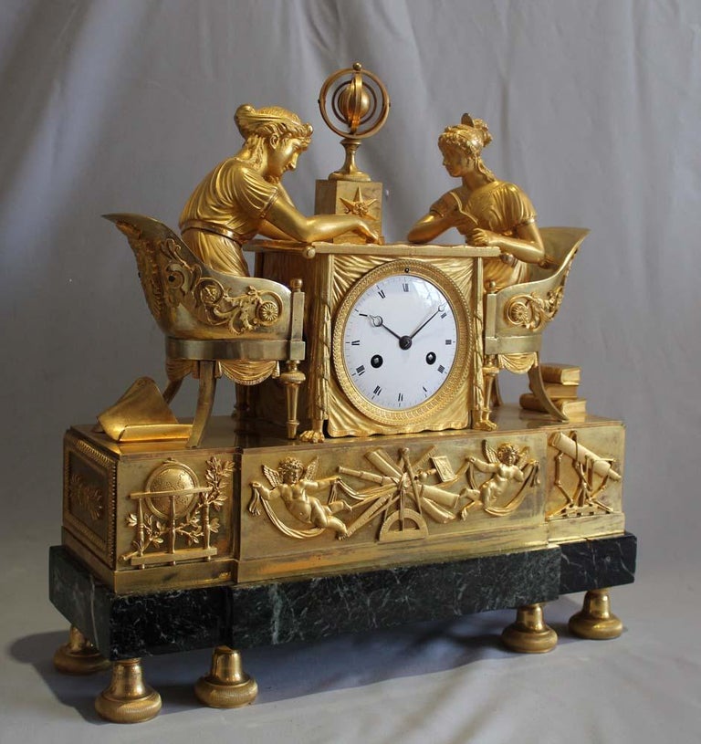 French Empire Antique ormolu & marble mantel clock of 