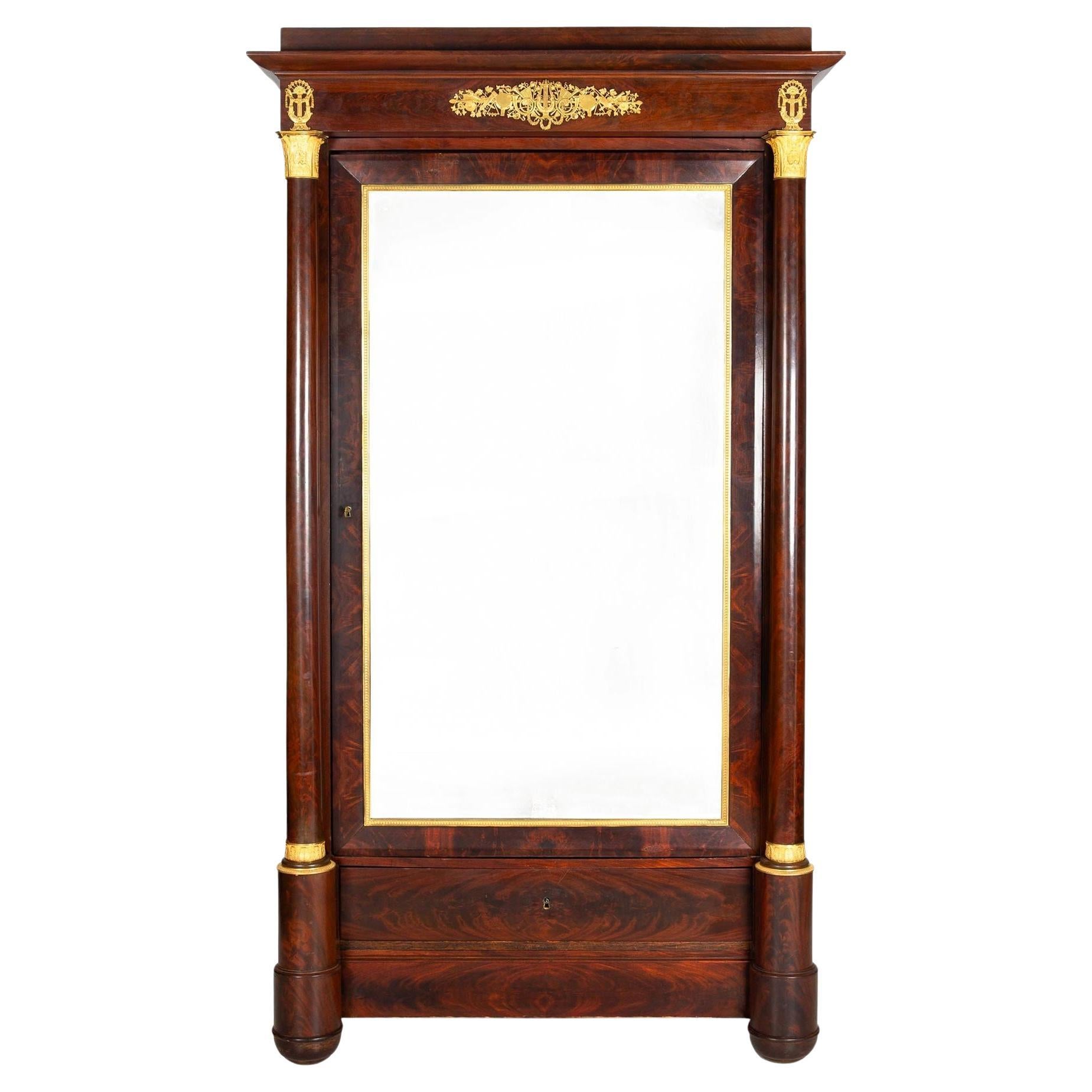 French Empire Ormolu-Mounted Mahogany Armoire Wardrobe ca. 1820-40 For Sale