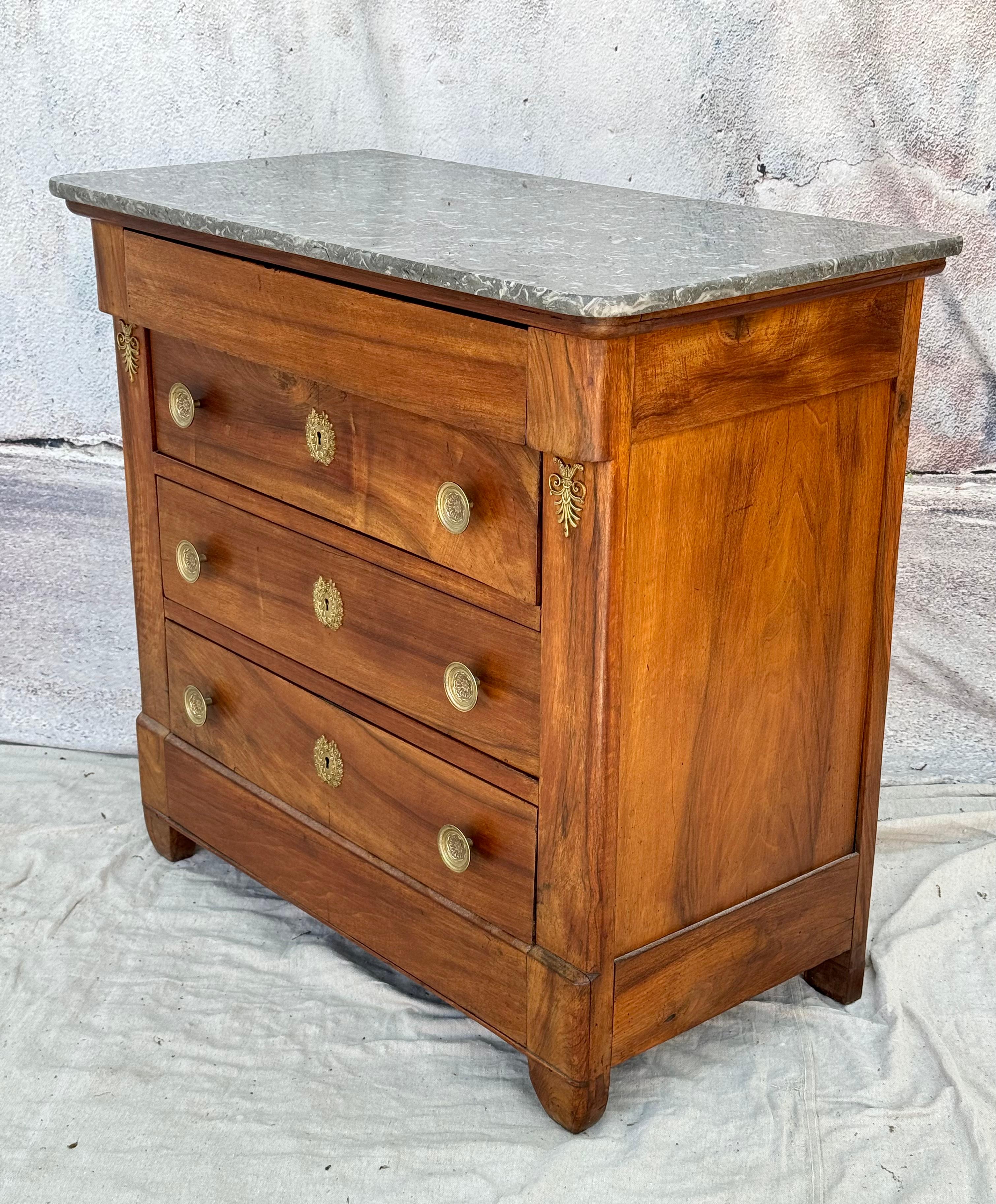 French Empire Ormolu Mounted Marble Top Walnut Commode For Sale 1