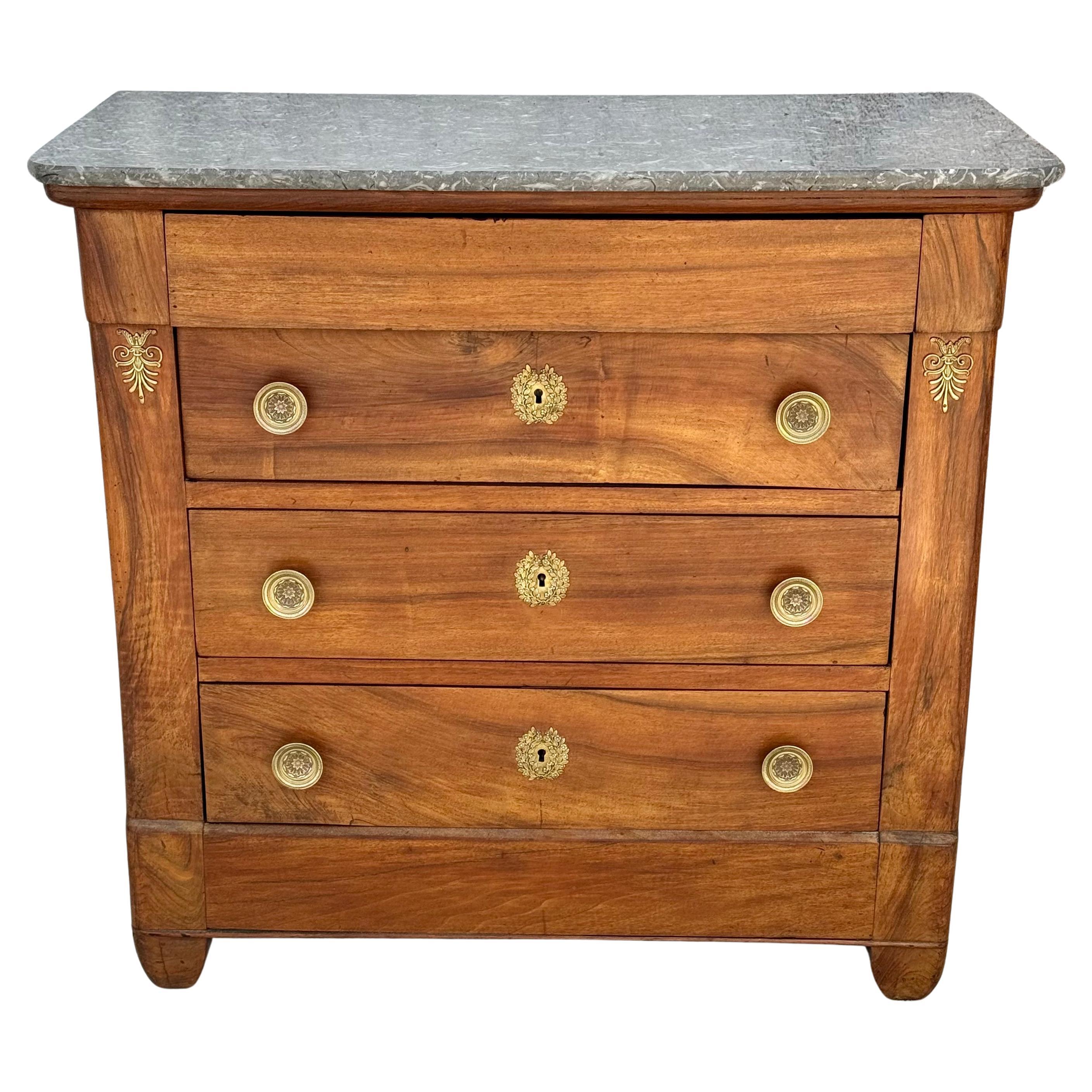French Empire Ormolu Mounted Marble Top Walnut Commode For Sale