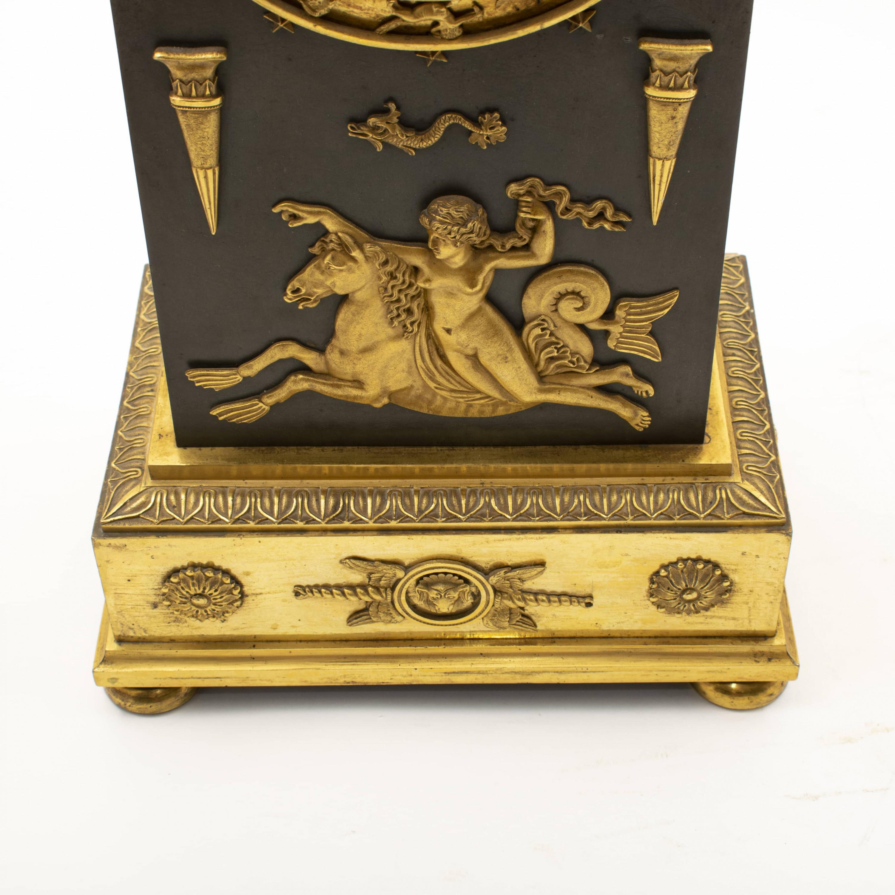 19th Century French Empire Ormolu & Patinated Bronze Clock with the 12 Zodiac Signs & Siren