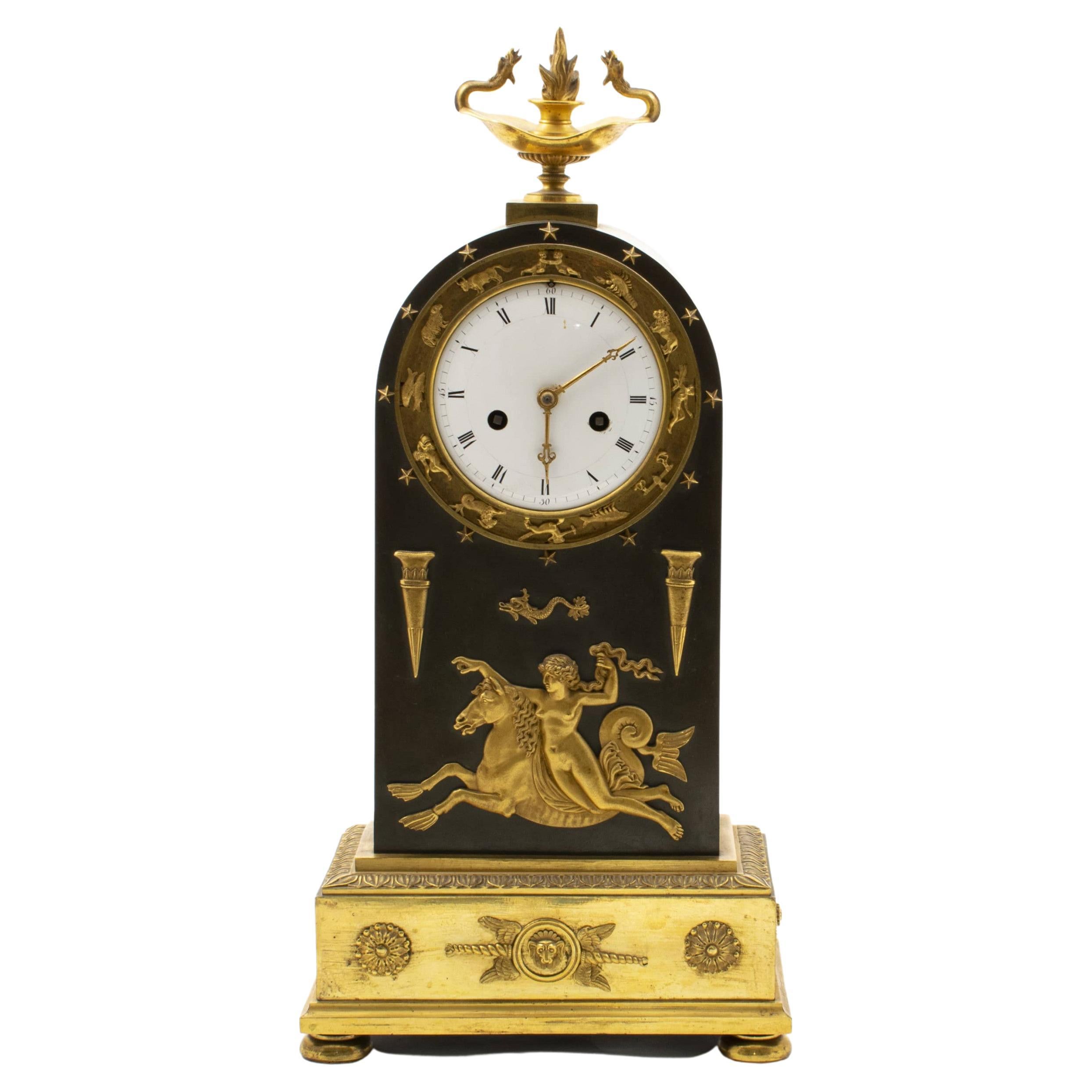 French Empire Ormolu & Patinated Bronze Clock with the 12 Zodiac Signs & Siren