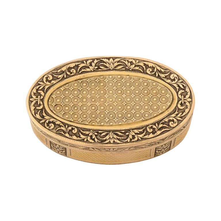 A French Empire oval gold snuff box by H.A. Adam, Paris,  circa 1820. 

Fantastic quality box.  
Hallmarked throughout.  

Measures: 1