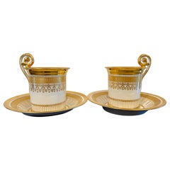 Antique French Empire Pair of Paris Porcelain Cups and Saucer, circa 1820