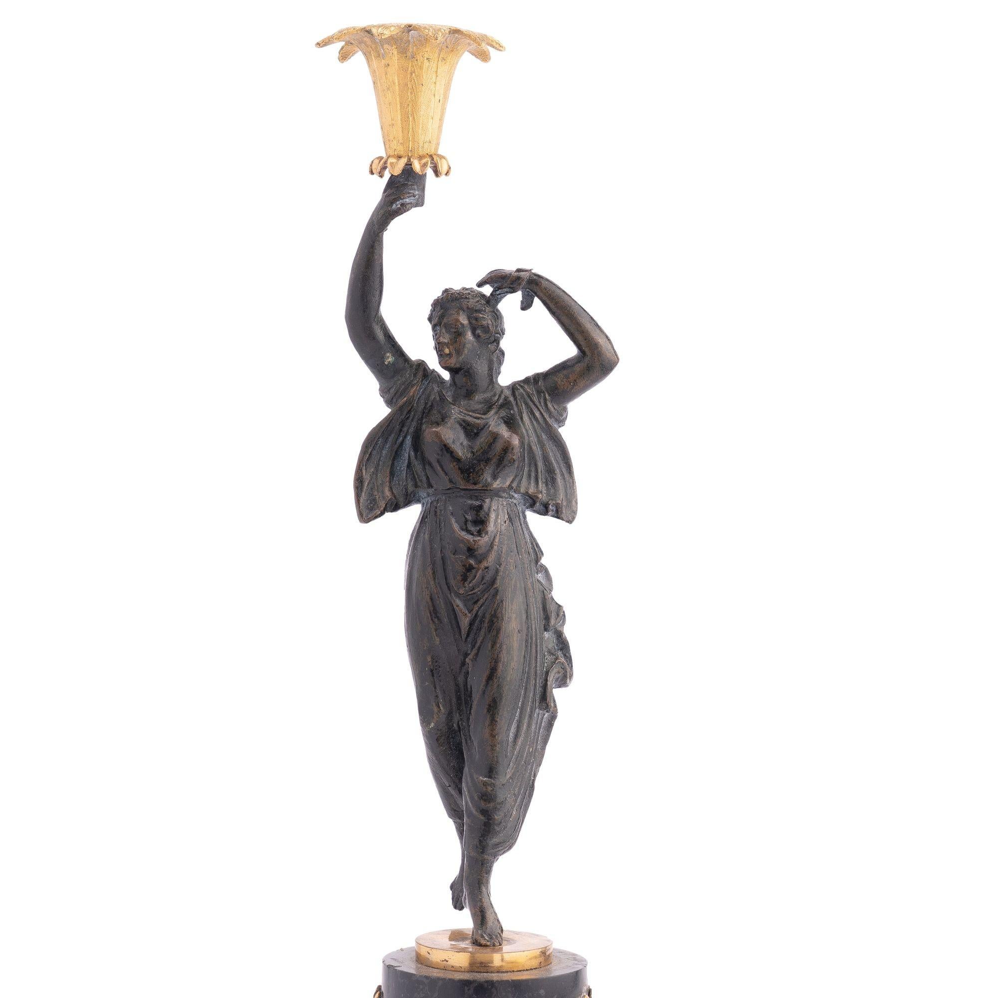 French Empire Parcel Gilt Bronze Figural Candlestick, 1800-1810 In Good Condition For Sale In Kenilworth, IL