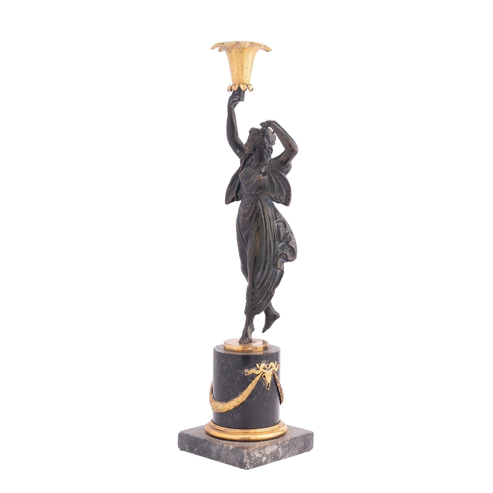19th Century French Empire Parcel Gilt Bronze Figural Candlestick, 1800-1810 For Sale