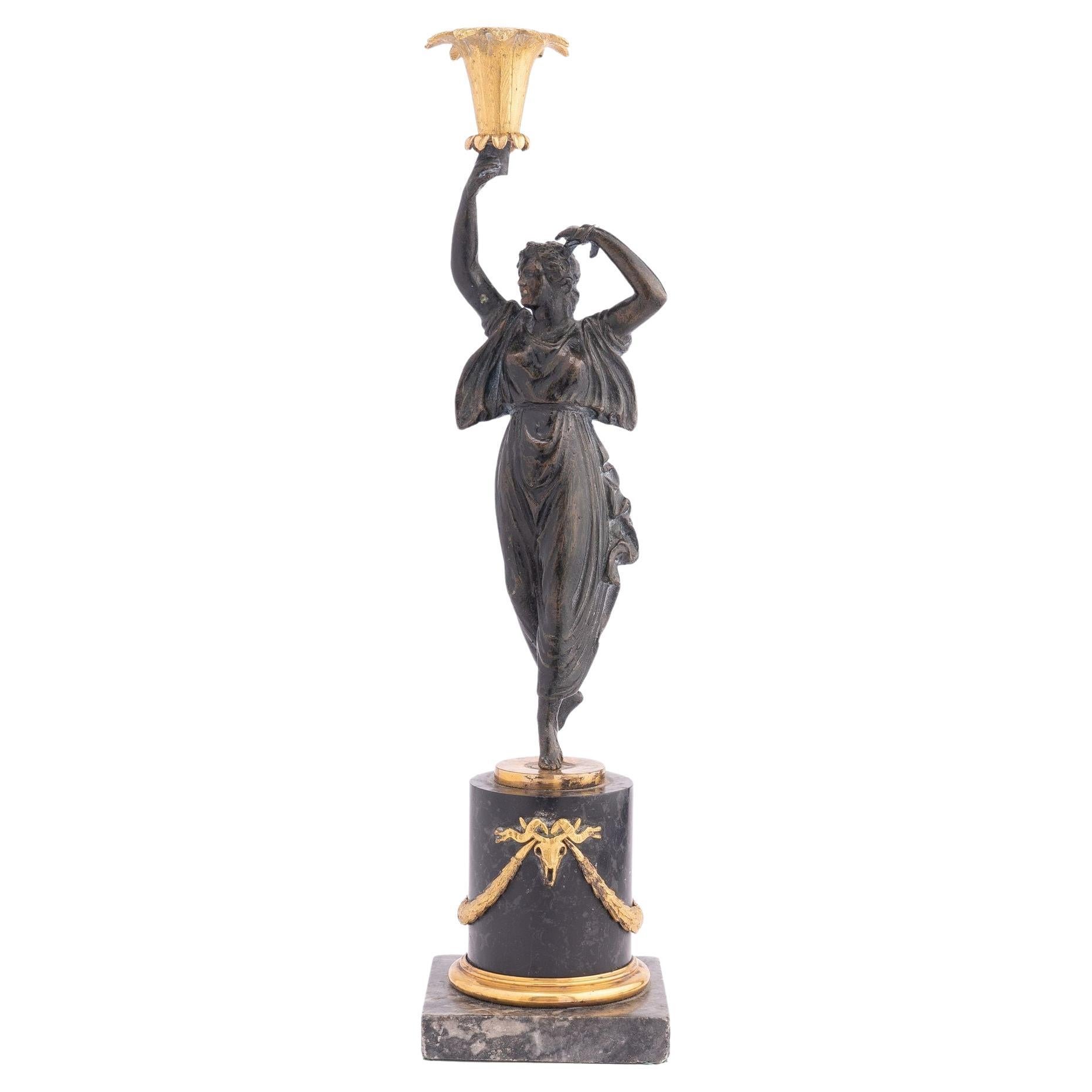 French Empire Parcel Gilt Bronze Figural Candlestick, 1800-1810 For Sale