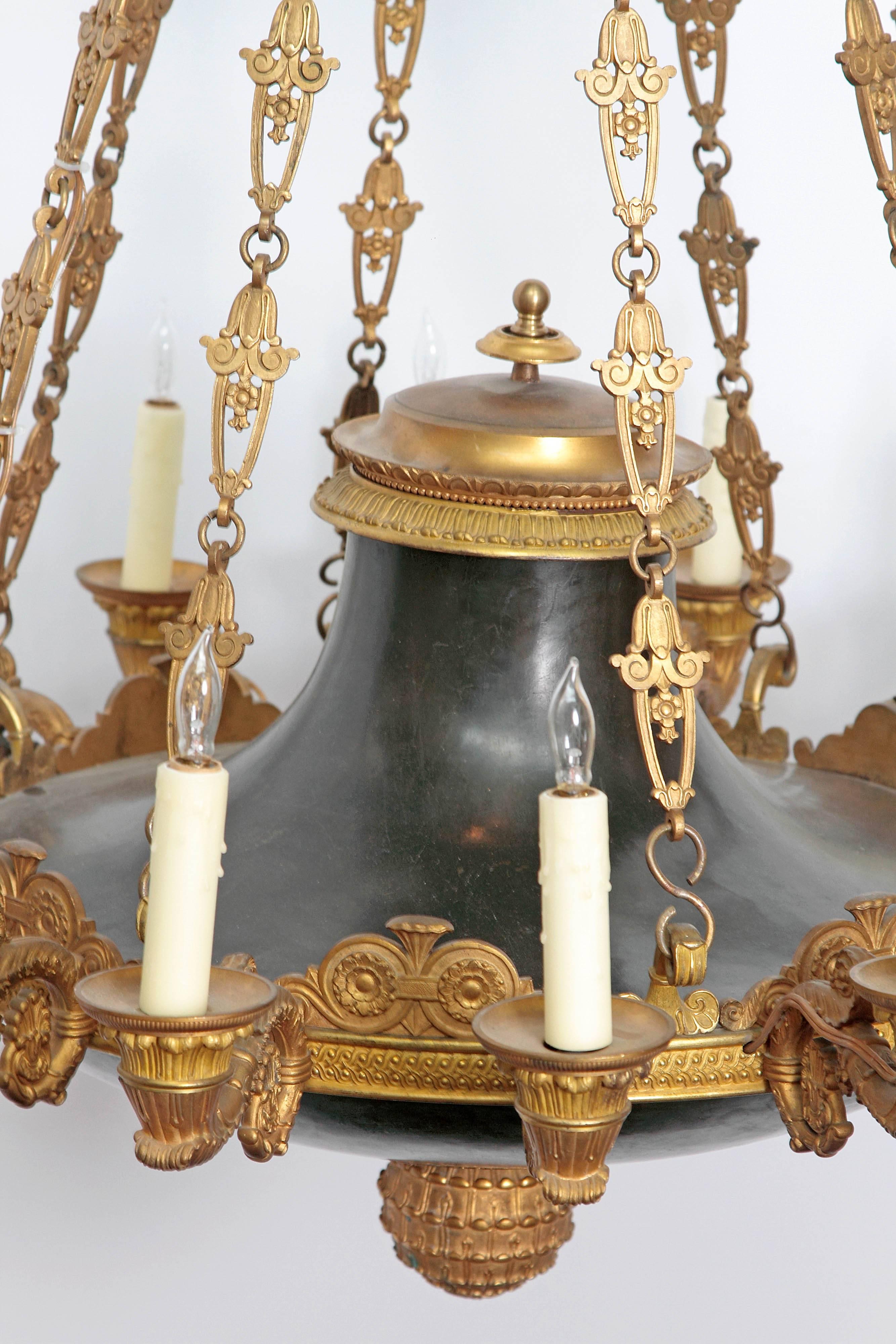 19th Century French Empire Patinated and Gilt Bronze Argon Chandelier / 16 Lights