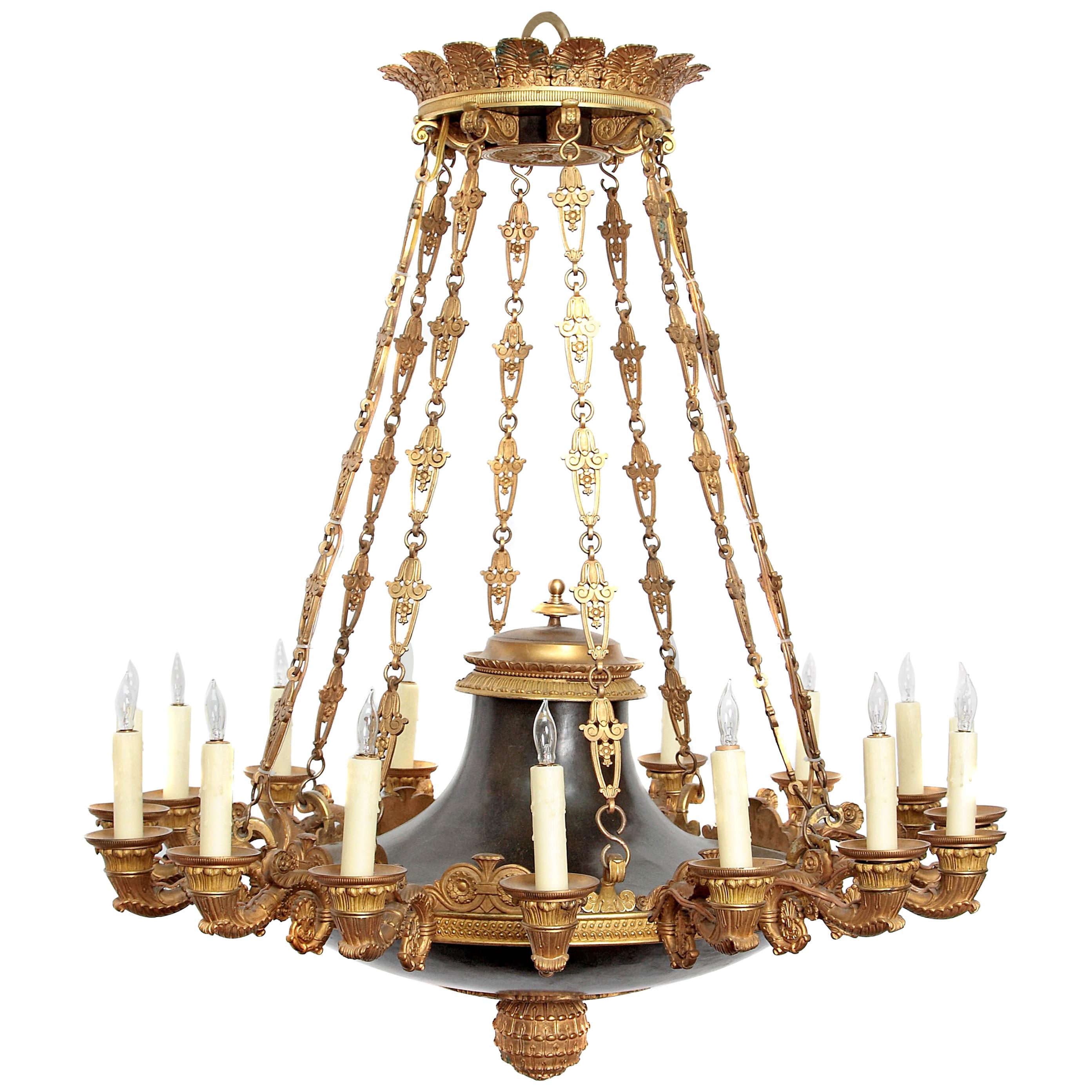 French Empire Patinated and Gilt Bronze Argon Chandelier / 16 Lights