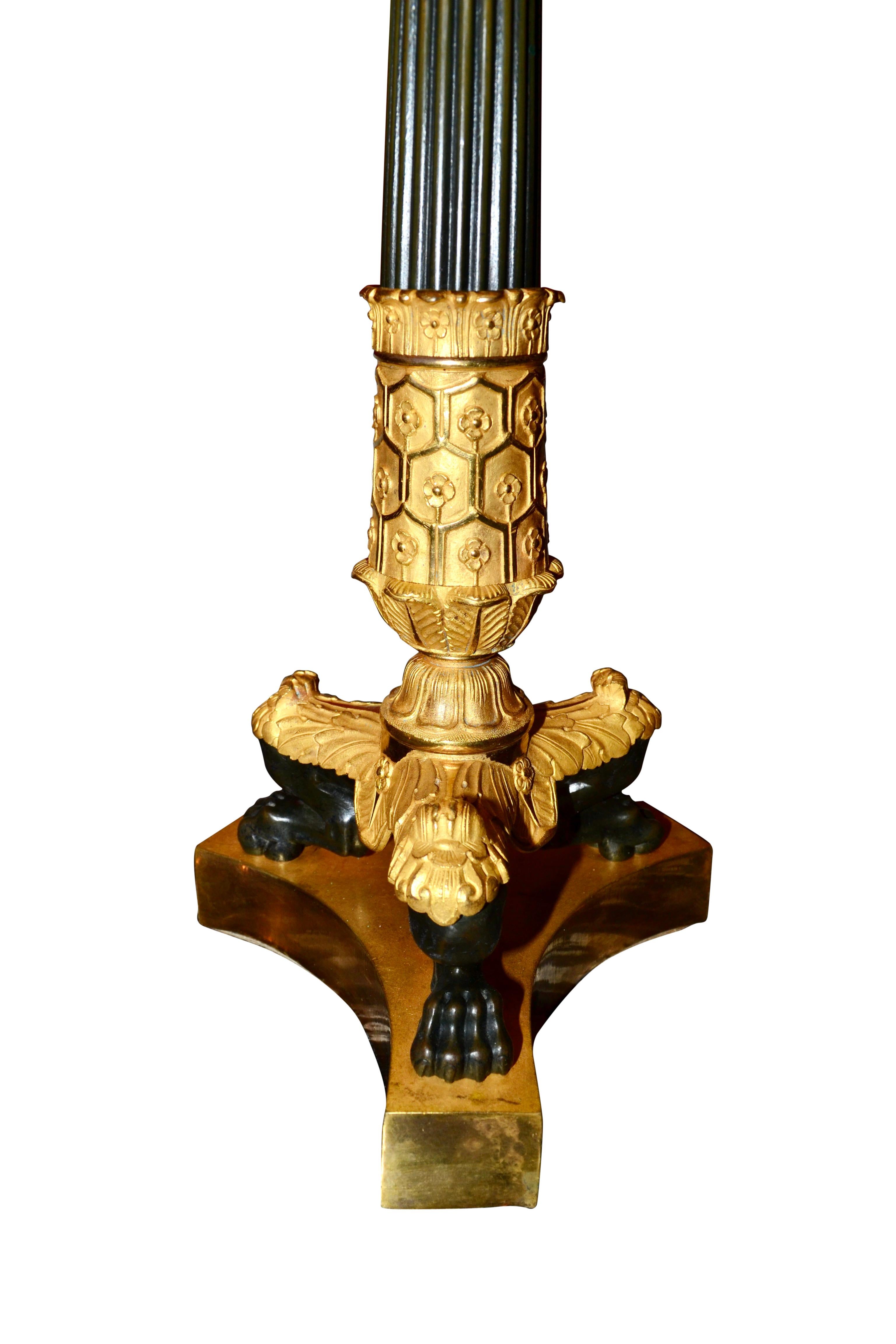 French Empire Patinated and Gilt Bronze Candelabra Lamp In Good Condition In Vancouver, British Columbia