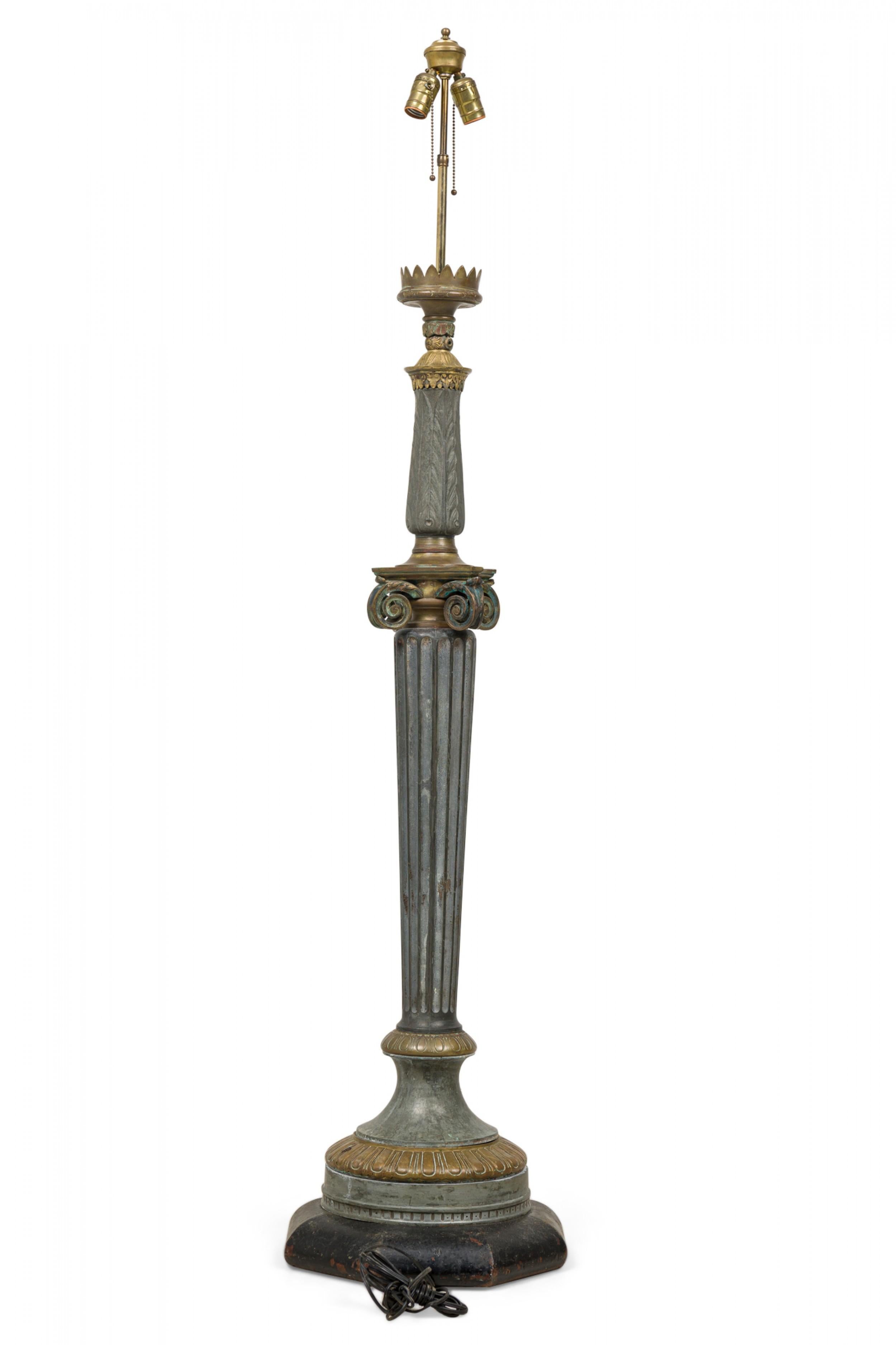 French Empire Patinated Bronze and Aluminum Columnar Floor Lamp In Good Condition For Sale In New York, NY