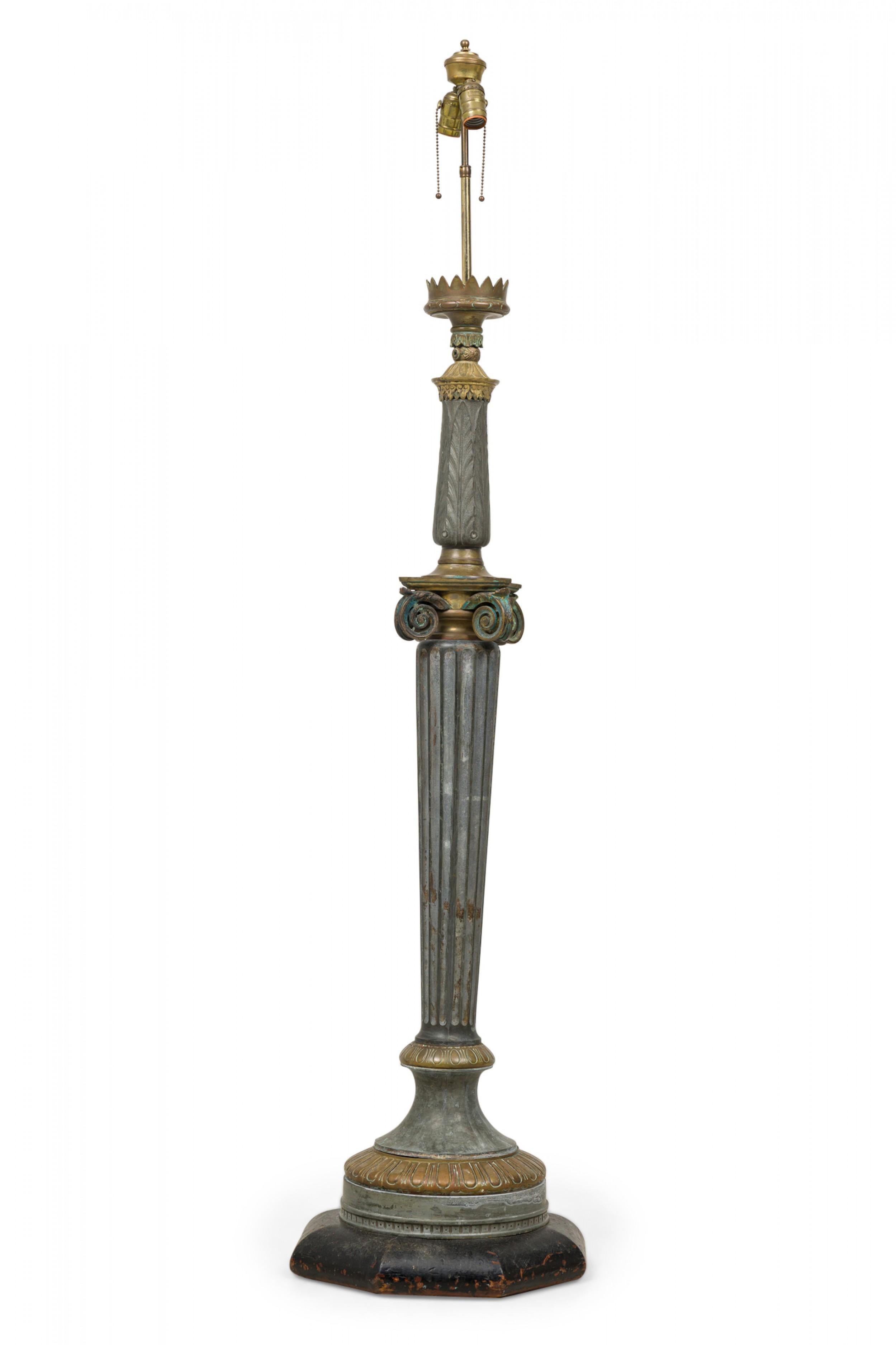 20th Century French Empire Patinated Bronze and Aluminum Columnar Floor Lamp For Sale