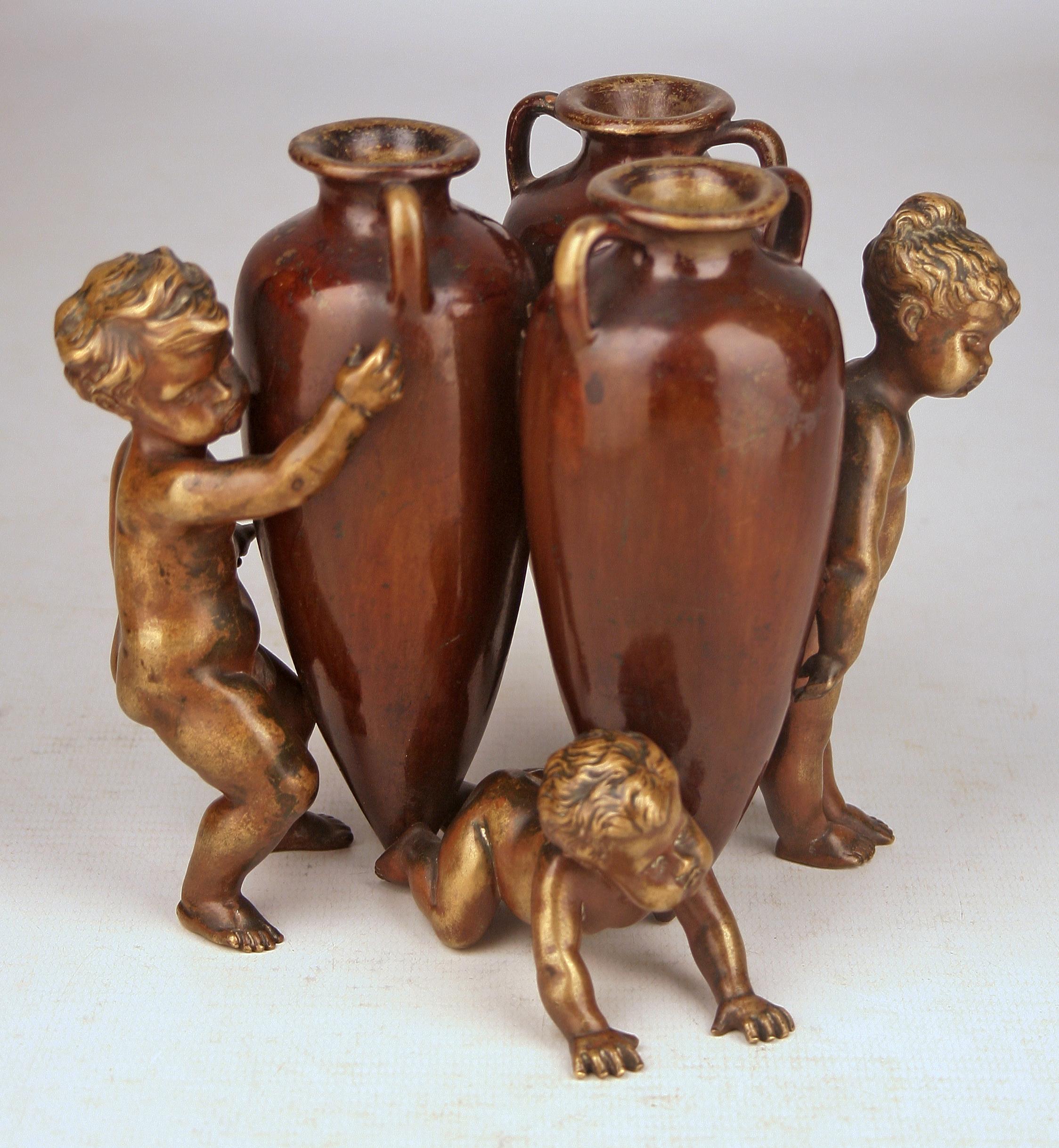 Molded French Empire Patinated Bronze Sculpture of Boys and Amphoras by Auguste Moreau For Sale