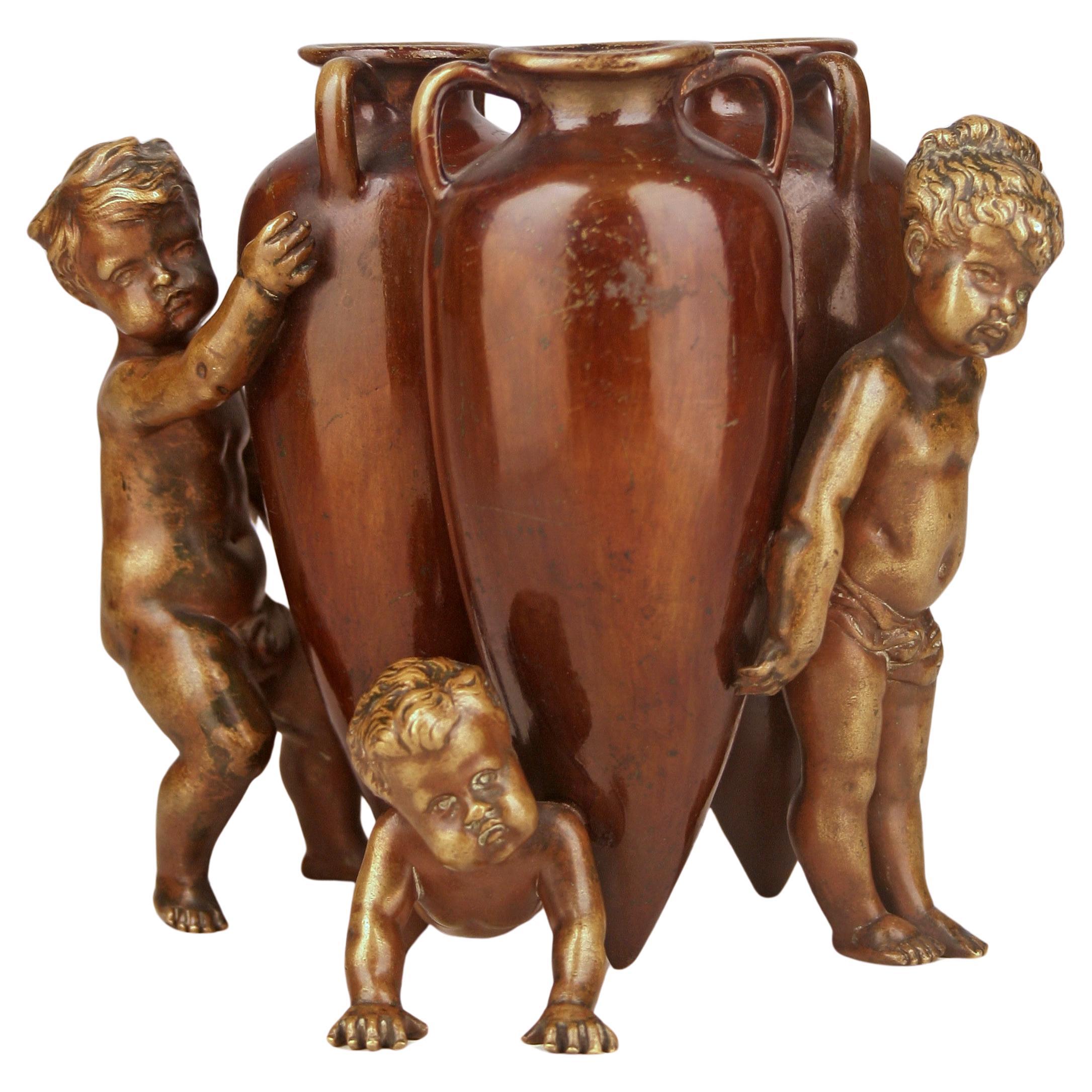 French Empire Patinated Bronze Sculpture of Boys and Amphoras by Auguste Moreau For Sale