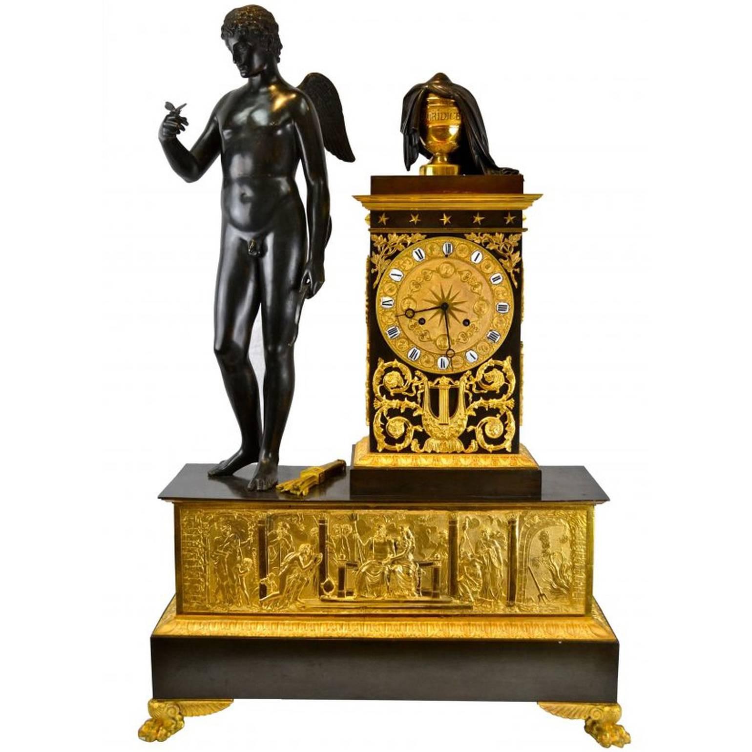 French Empire Patinated Gilt Bronze Cupid and Eurydice Clock For Sale