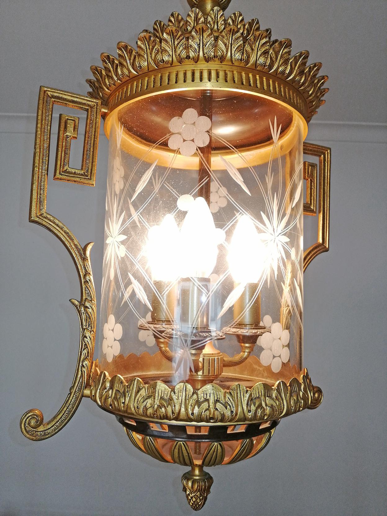 French Empire Patinated and Gilt Bronze Cut Glass 3-Light Lantern Chandelier 5