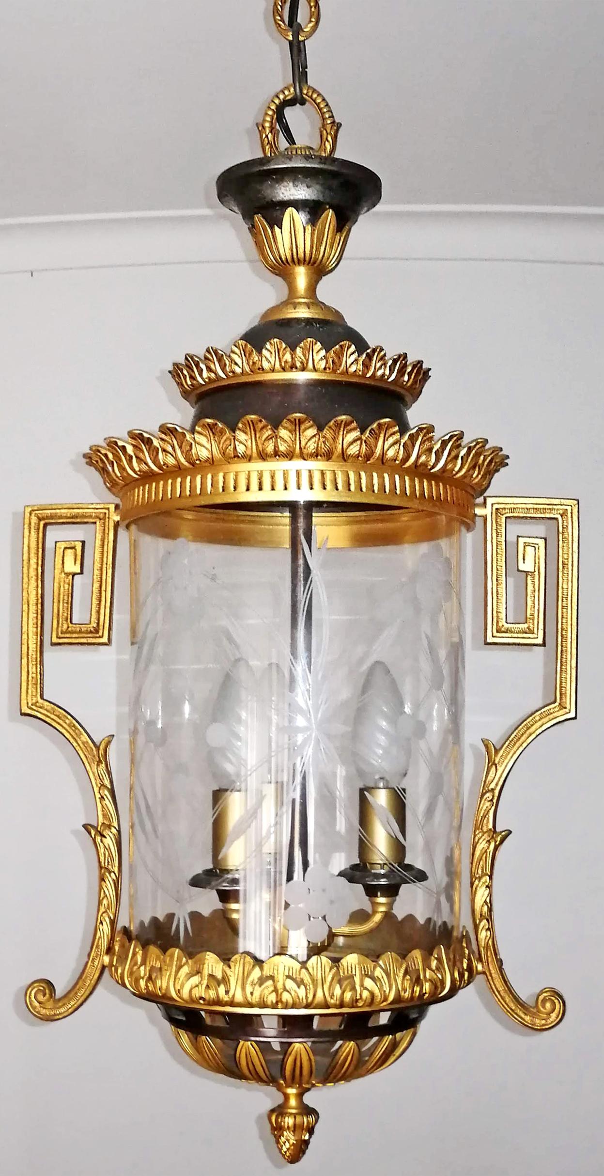 Cast French Empire Patinated and Gilt Bronze Cut Glass 3-Light Lantern Chandelier
