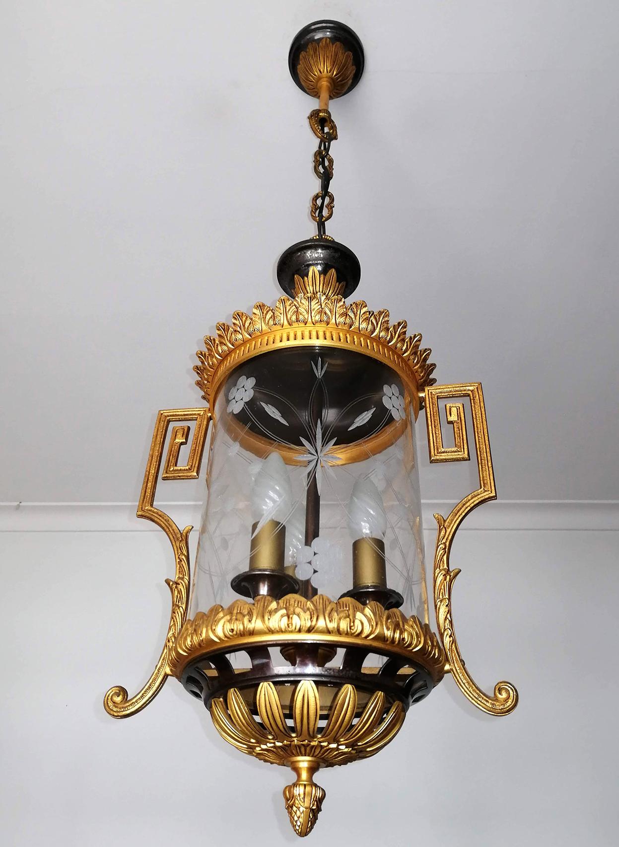 French Empire Patinated and Gilt Bronze Cut Glass 3-Light Lantern Chandelier 1