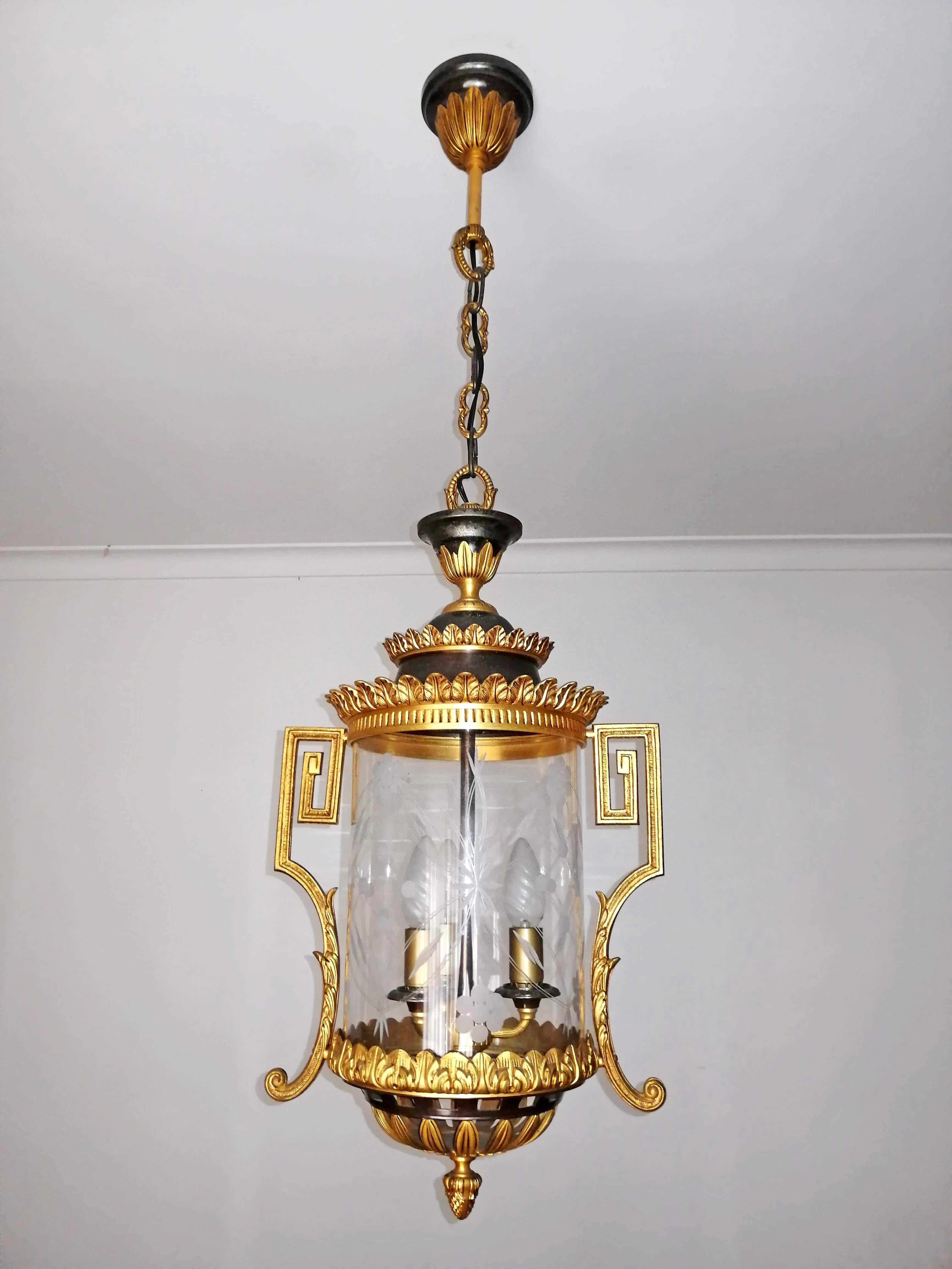 French Empire Patinated and Gilt Bronze Cut Glass 3-Light Lantern Chandelier 2