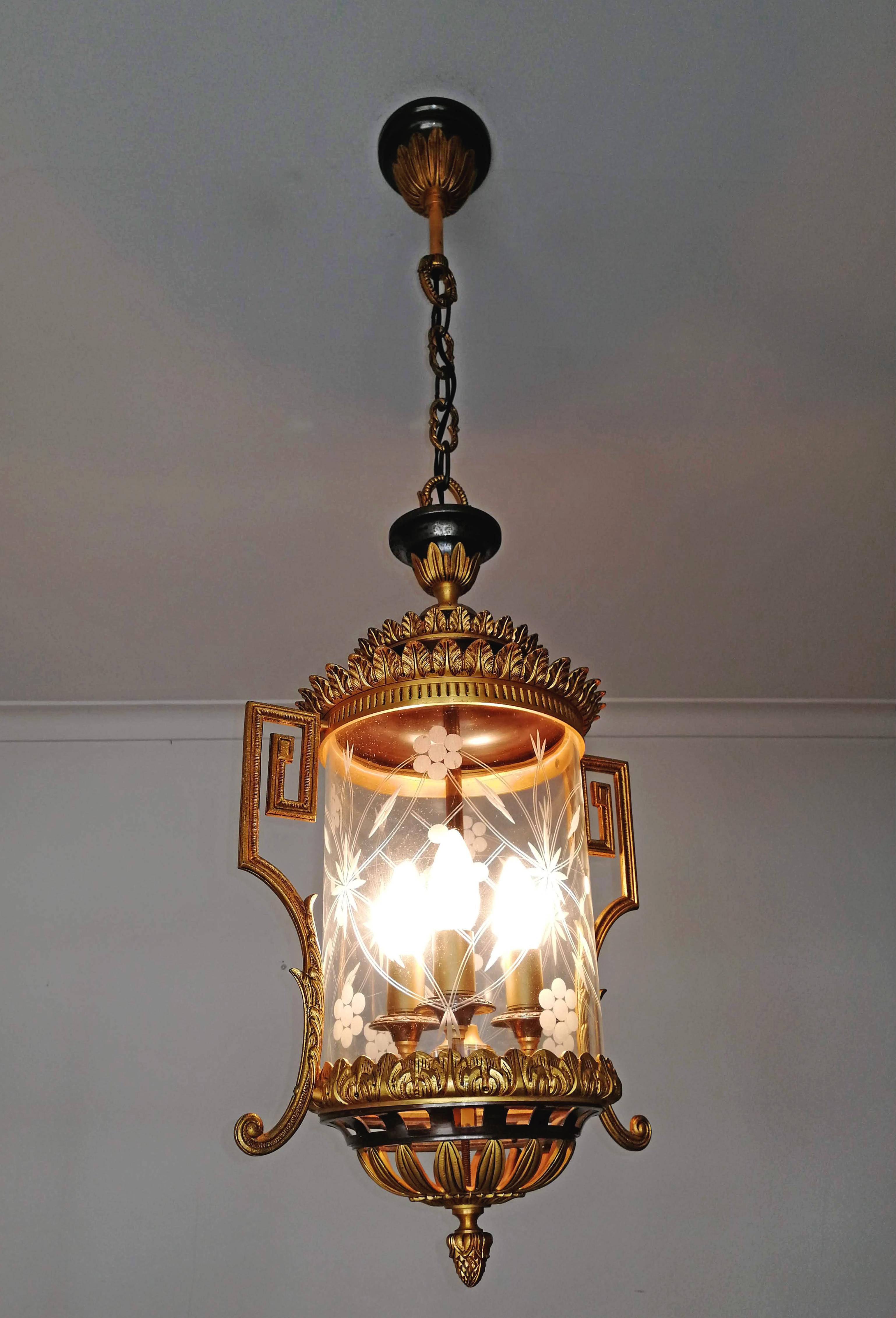 French Empire Patinated and Gilt Bronze Cut Glass 3-Light Lantern Chandelier 3