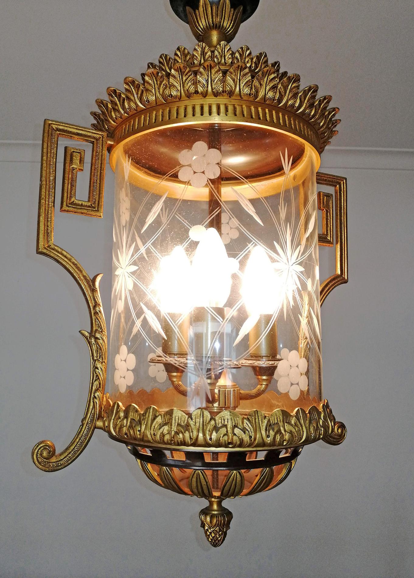 French Empire Patinated and Gilt Bronze Cut Glass 3-Light Lantern Chandelier 4