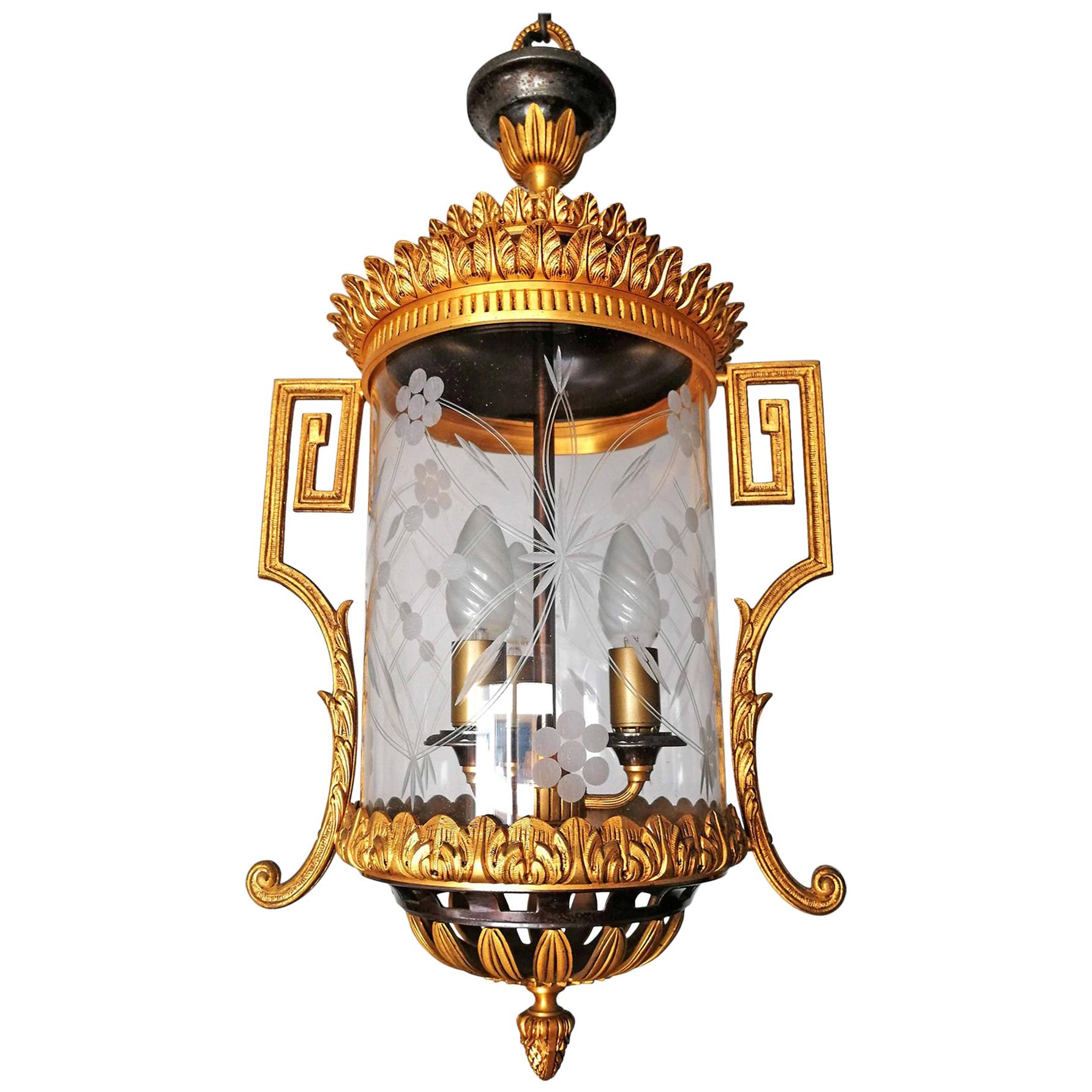 French Empire Patinated and Gilt Bronze Cut Glass 3-Light Lantern Chandelier